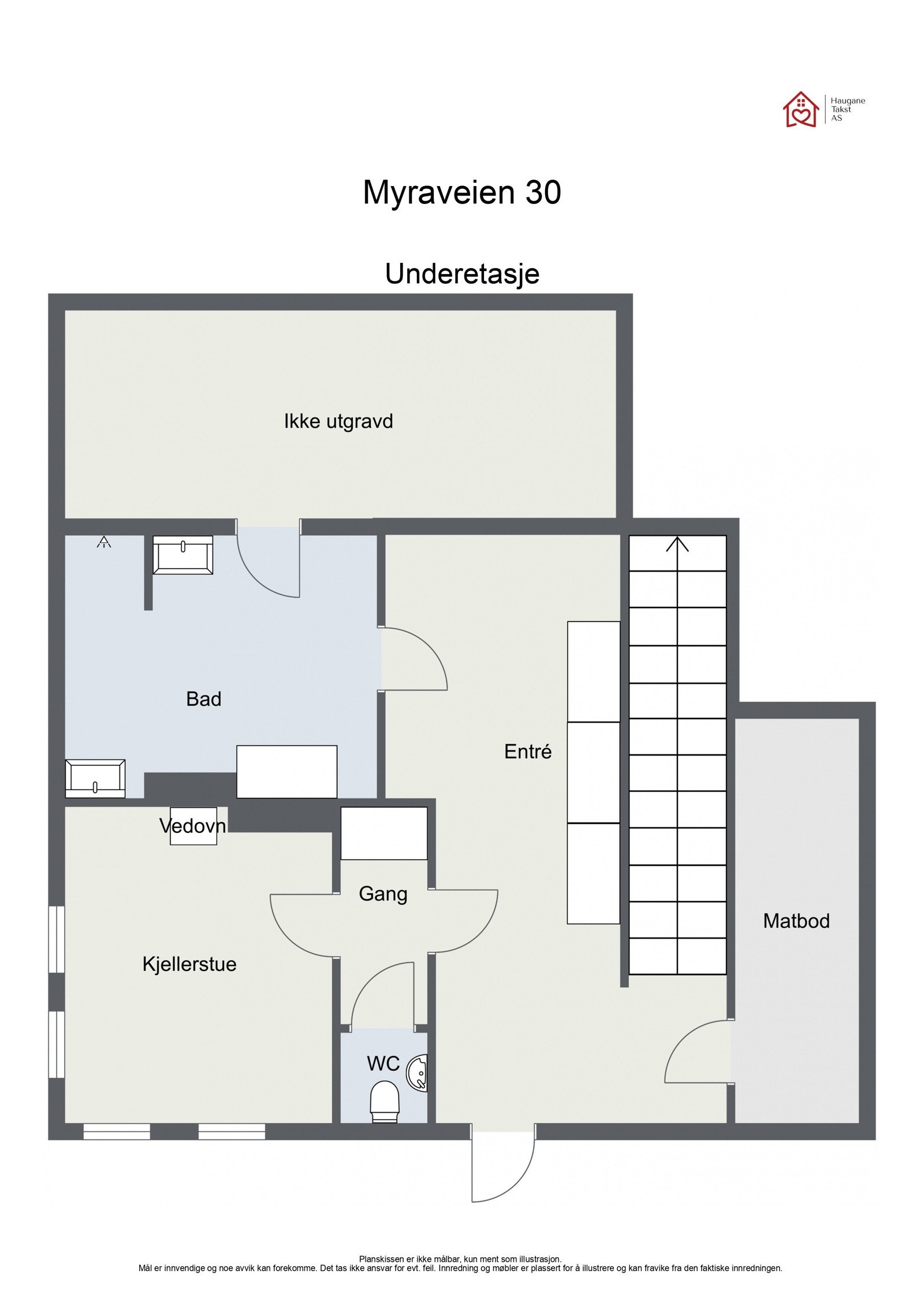 Plangtegning kjeller. Rom omtalt som "kjellerstue" er byggemeldt som "hobbyrom" og er derfor ikke godkjent til varig opphold. Galleribilde