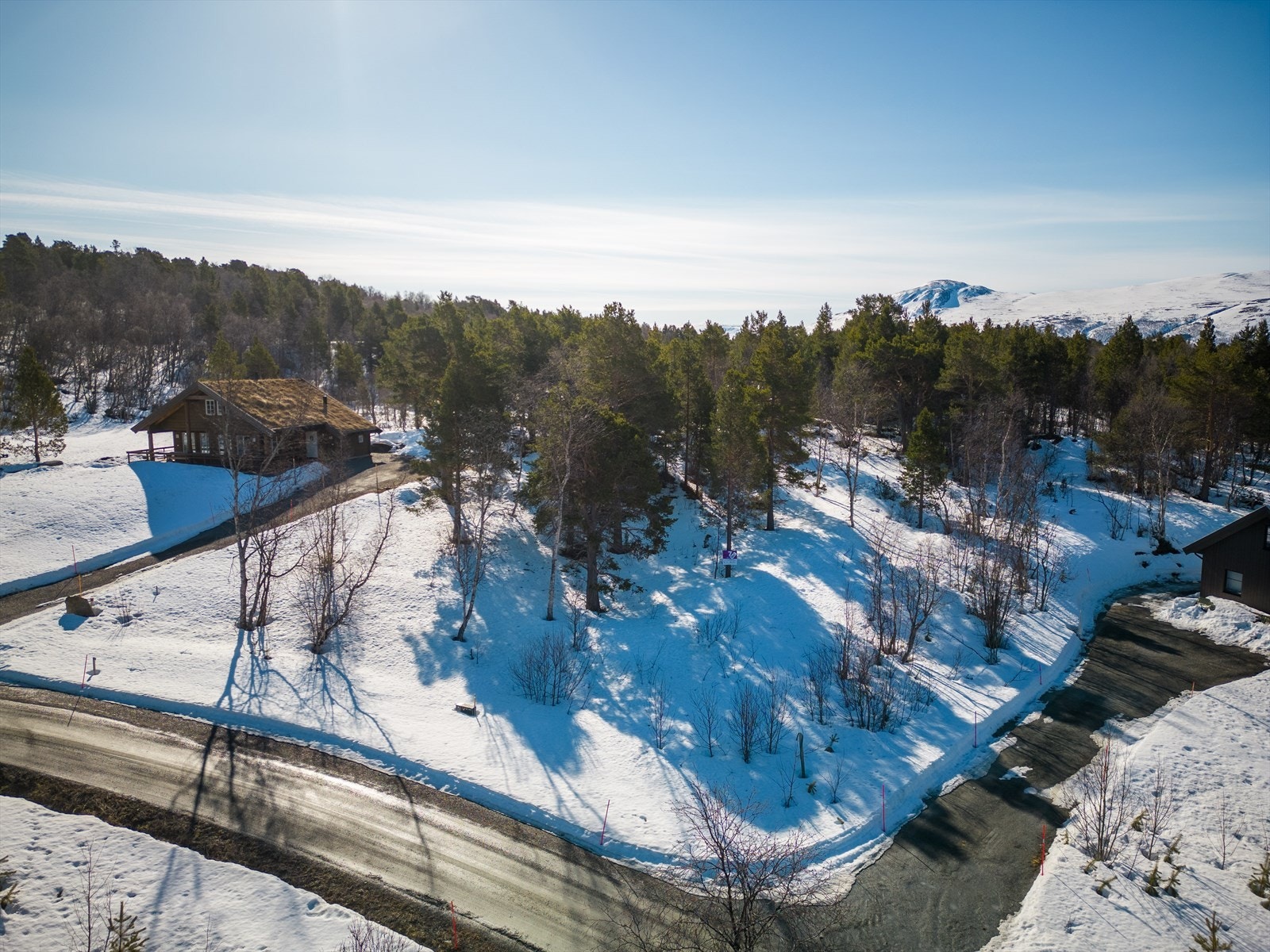 Tomten ligger fint til i feltet omkranset av vegetasjon som skjermer for vær og vind Galleribilde