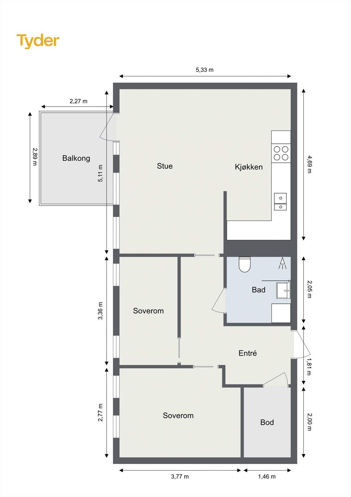 Flott planløsning med romslig stue med kjøkken i delvis åpen løsning, samt to soverom av god størrelse Galleribilde