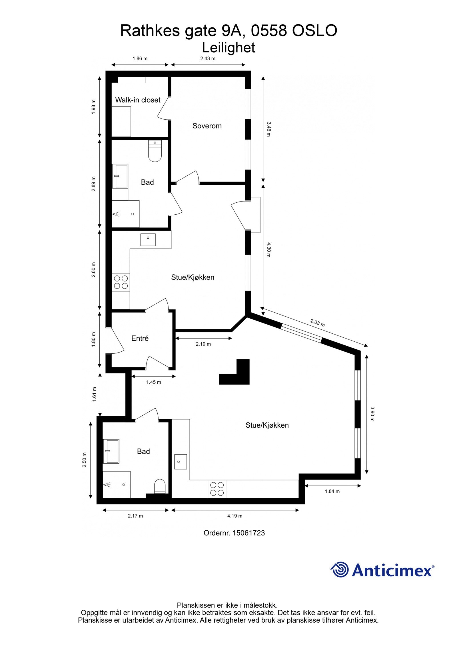 Plantegning. Her har du flere muligheter: F.eks 3-roms med to bad eller bruke 2-roms'en og leie ut 1-roms'en. Galleribilde