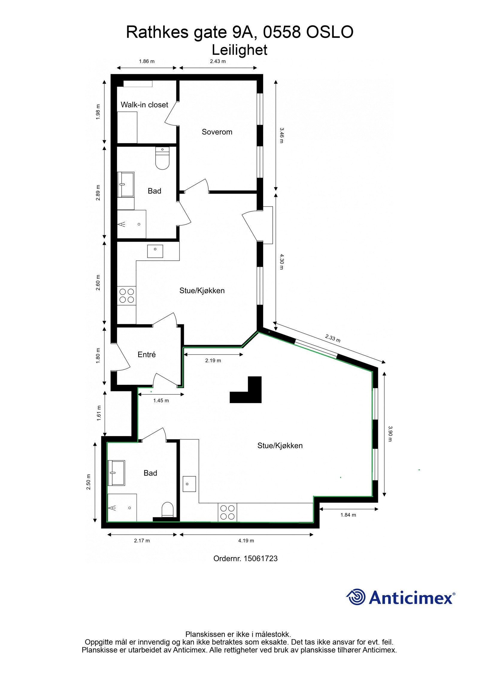 La oss ta en titt på plantegningen for hybelen (1-roms), markert med grønt. Galleribilde