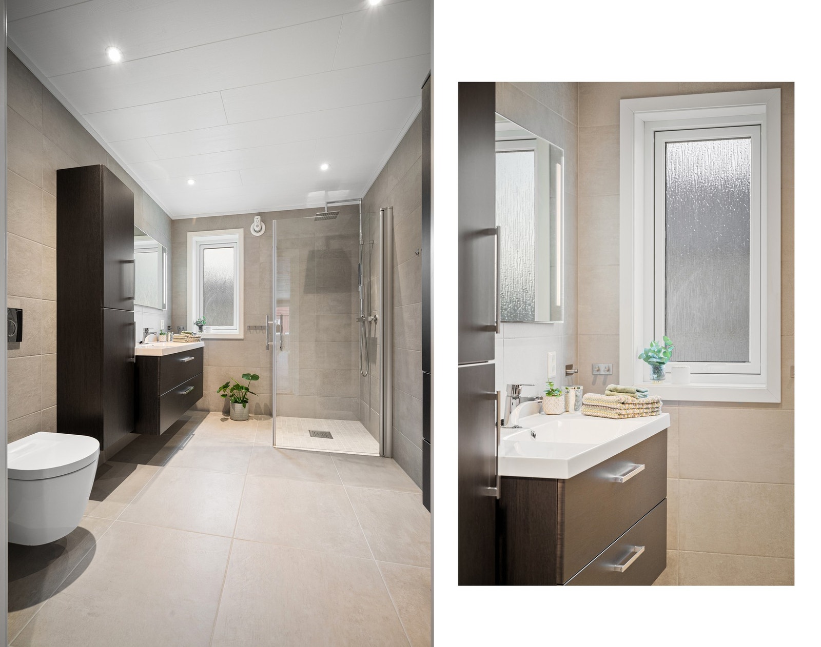 Badet er delikat i tidsriktige farger med flislagt gulv og vegger Galleribilde