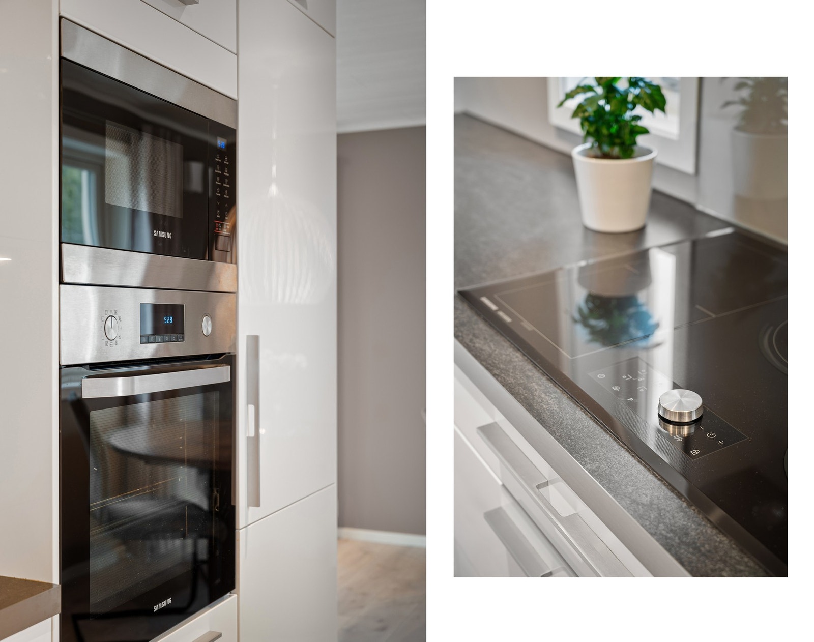 Alt av hvitevarer integrert deriblant kjøleskap, oppvaskmaskin, platetopp, og micro og stekeovn Galleribilde