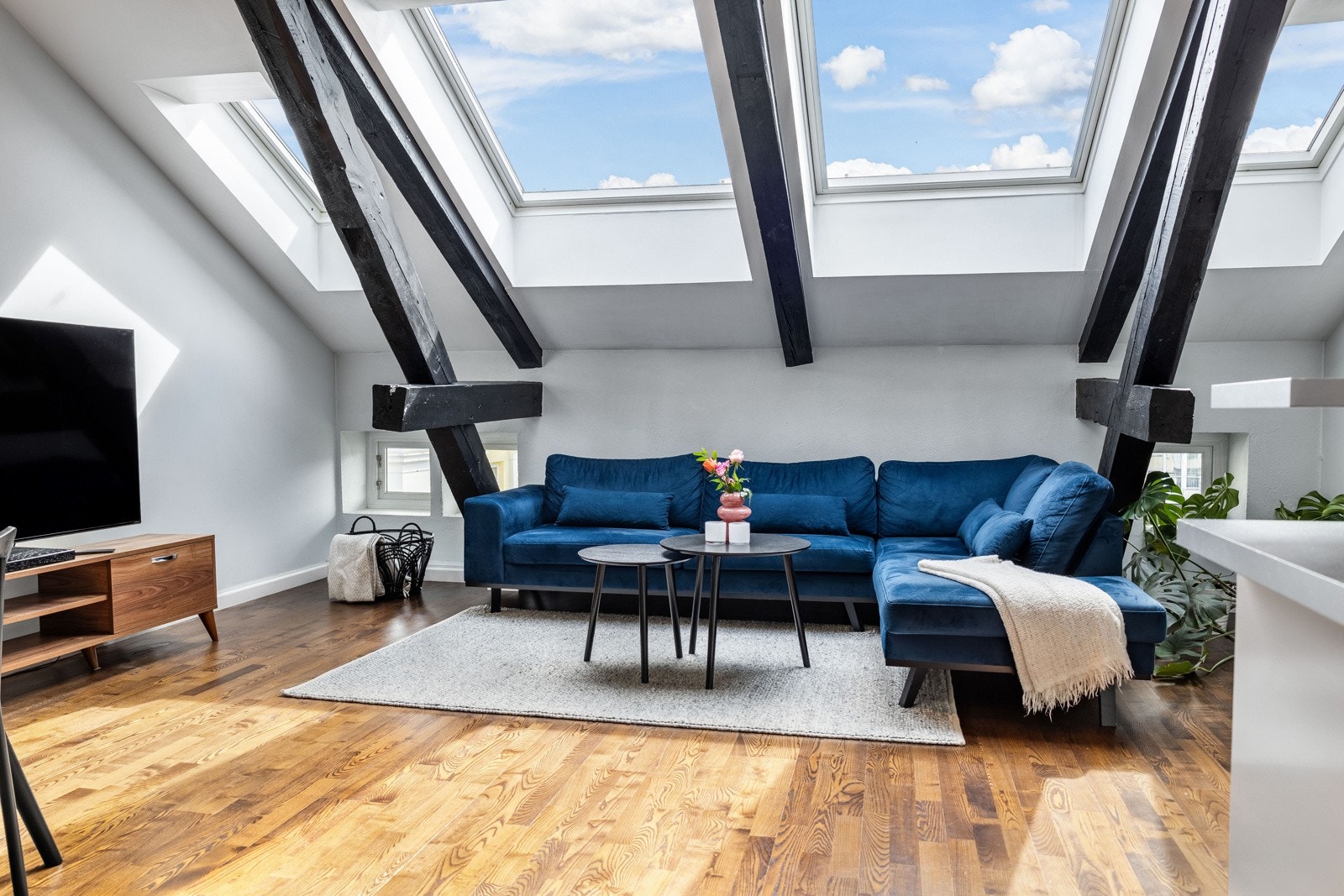 Her er det slette vegger og grove, sortbeisede takbjelker, samt skråtak med store vinduer som gjør det ekstra lyst og luftig. Galleribilde