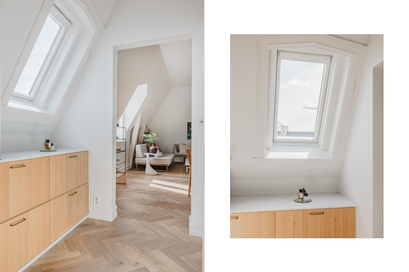 Solfylt mellomgang foran badet. Detalj; Carrarra marmorplate. Galleribilde