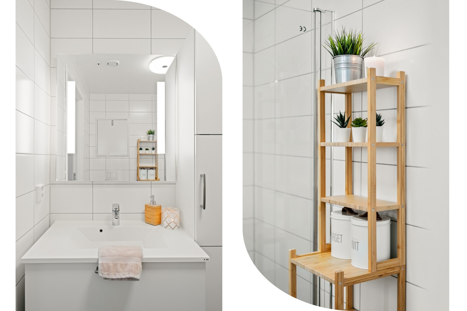 Baderommet er innredet med servant med tilhørende møblement, vegghengt toalett og dusjhjørne av glass Galleribilde