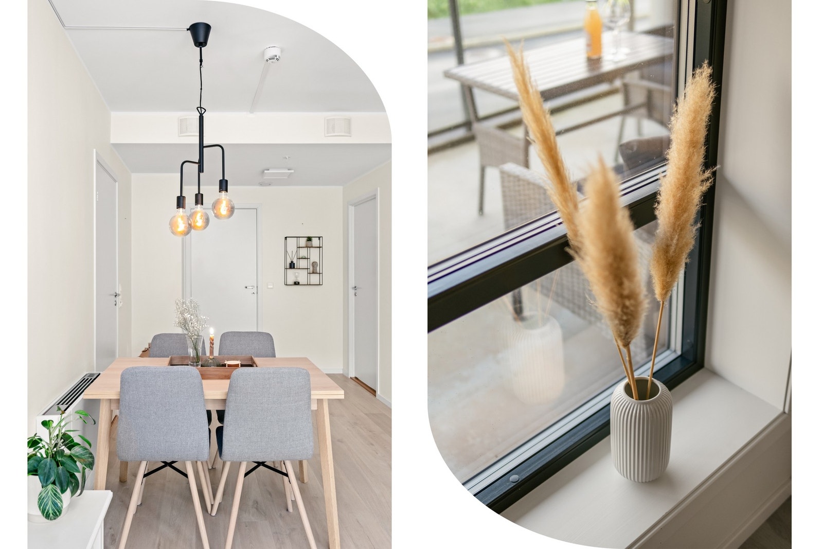 Den effektive planløsningen gir deg muligheten til å innrede med spisebord, og gir en elegant og funksjonell plass for både hverdagsmåltider og festlige anledninger Galleribilde