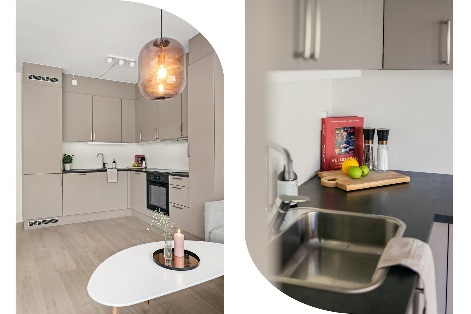 Laminat benkeplate av god størrelse som tilbyr en stilren og funksjonell arbeidsflate for matlaging Galleribilde