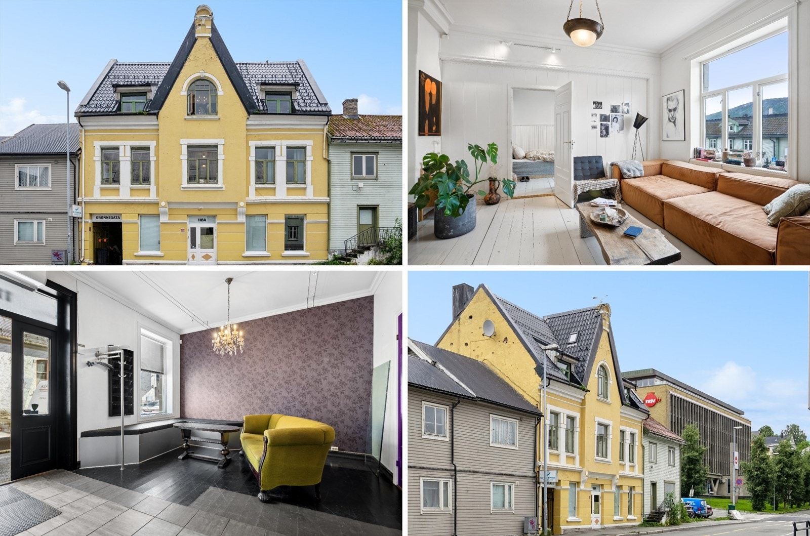 Grønnegata 118A - Eldre bygård i Jugendstil, beliggende sentralt i Tromsø sentrum. Eiendommen består av forretningslokale på gateplan og 2 leiligheter og en hybel i de øvre etasjene Galleribilde