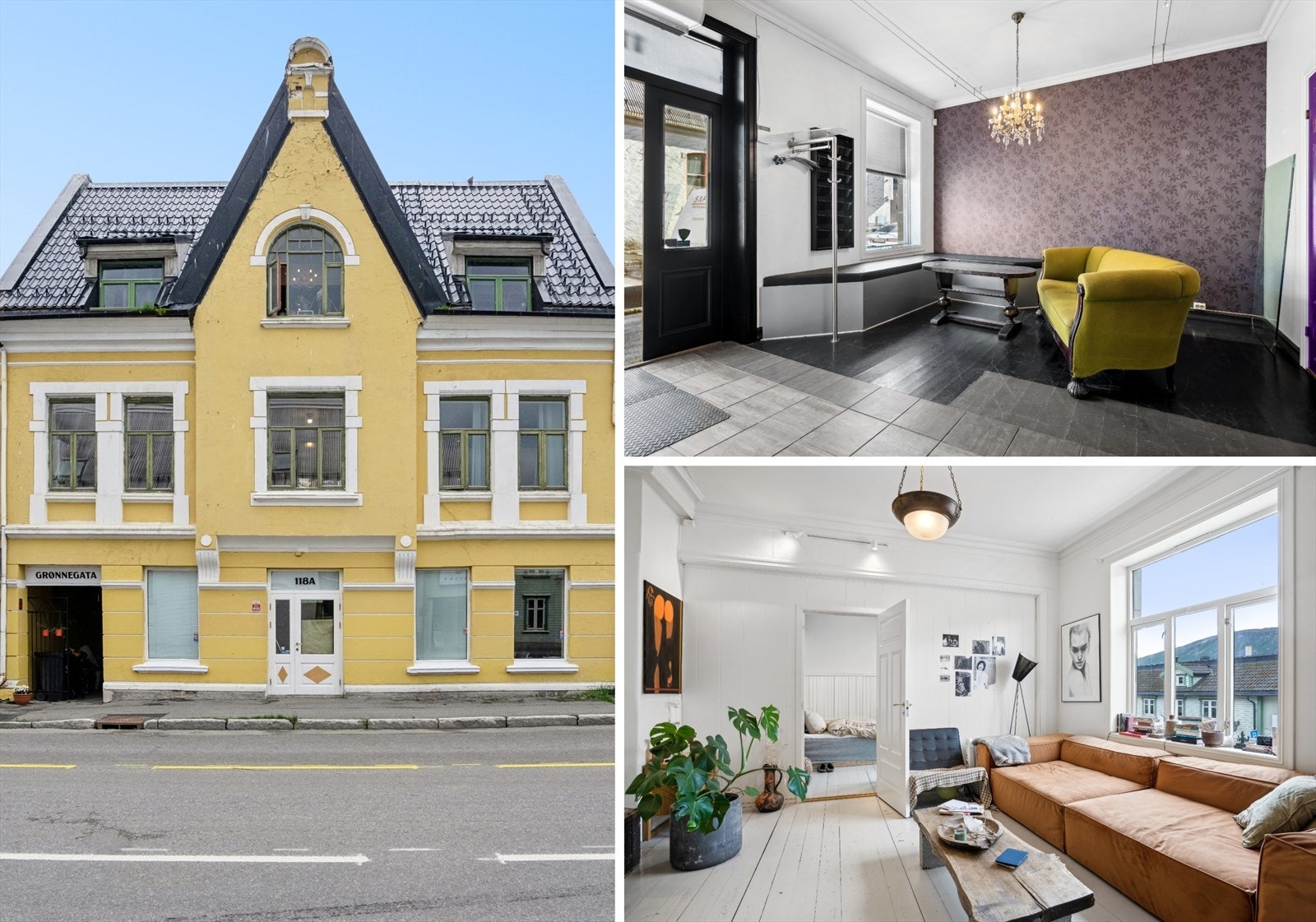 Grønnegata 118A - Eldre bygård i Jugendstil, beliggende sentralt i Tromsø sentrum. Eiendommen består av forretningslokale på gateplan og 2 leiligheter og en hybel i de øvre etasjene Galleribilde