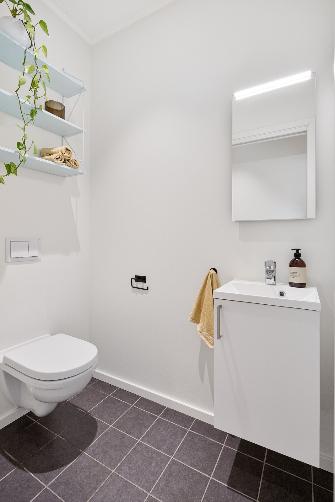 Gjestetoalettet har flislagt gulv og malte veggflater. Galleribilde