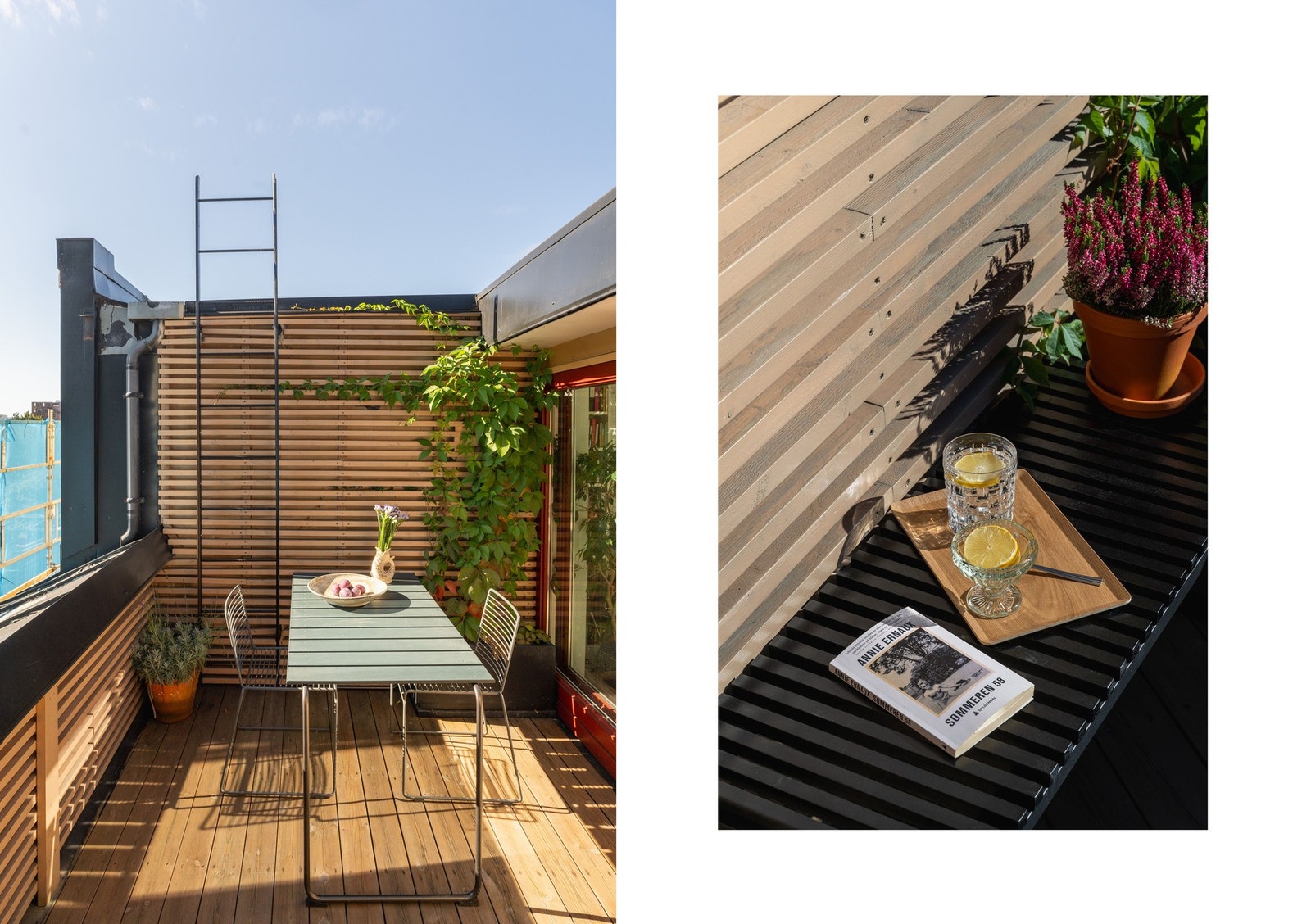 Takterrassen er ca. 8 kvm, og oppleves som lun med spilekledde levegger på siden og pent dekke av terrassebord. Galleribilde