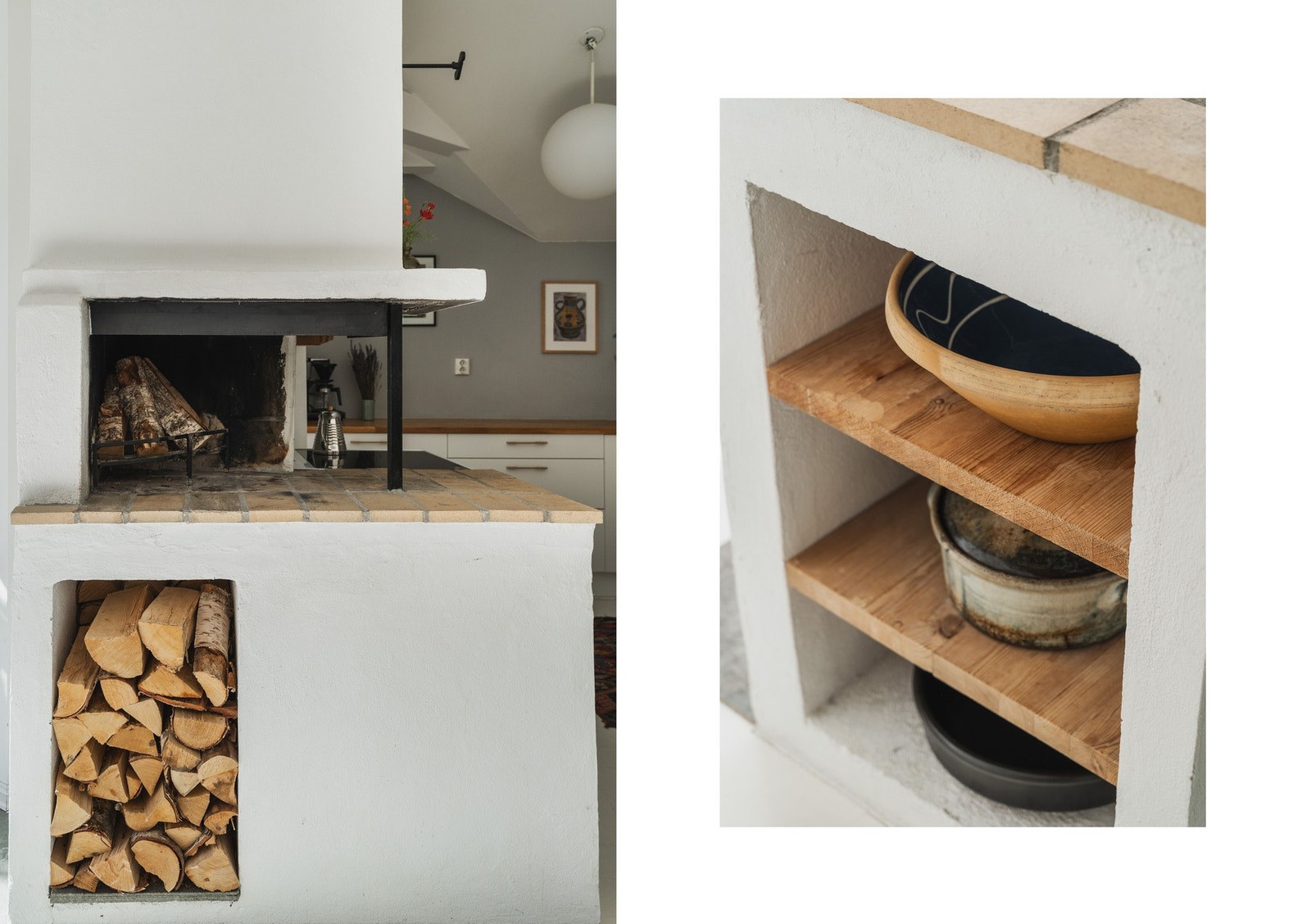 Under peisen er det vednisje på den ene siden, og hyller med oppbevaringsplass på den andre. Galleribilde