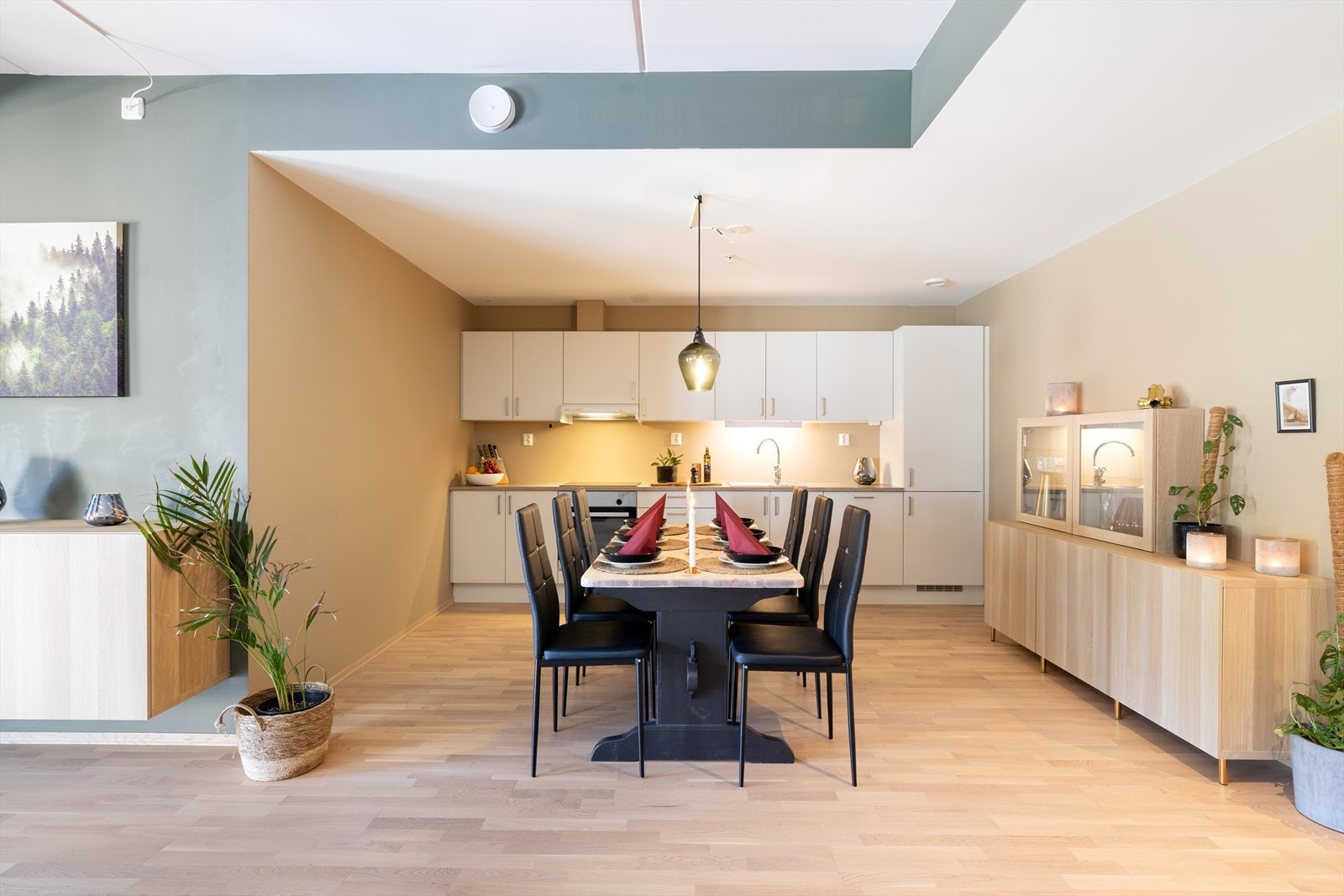 Det er åpen kjøkkenløsning med stilren kjøkkeninnredning med integrerte hvitevarer. Galleribilde