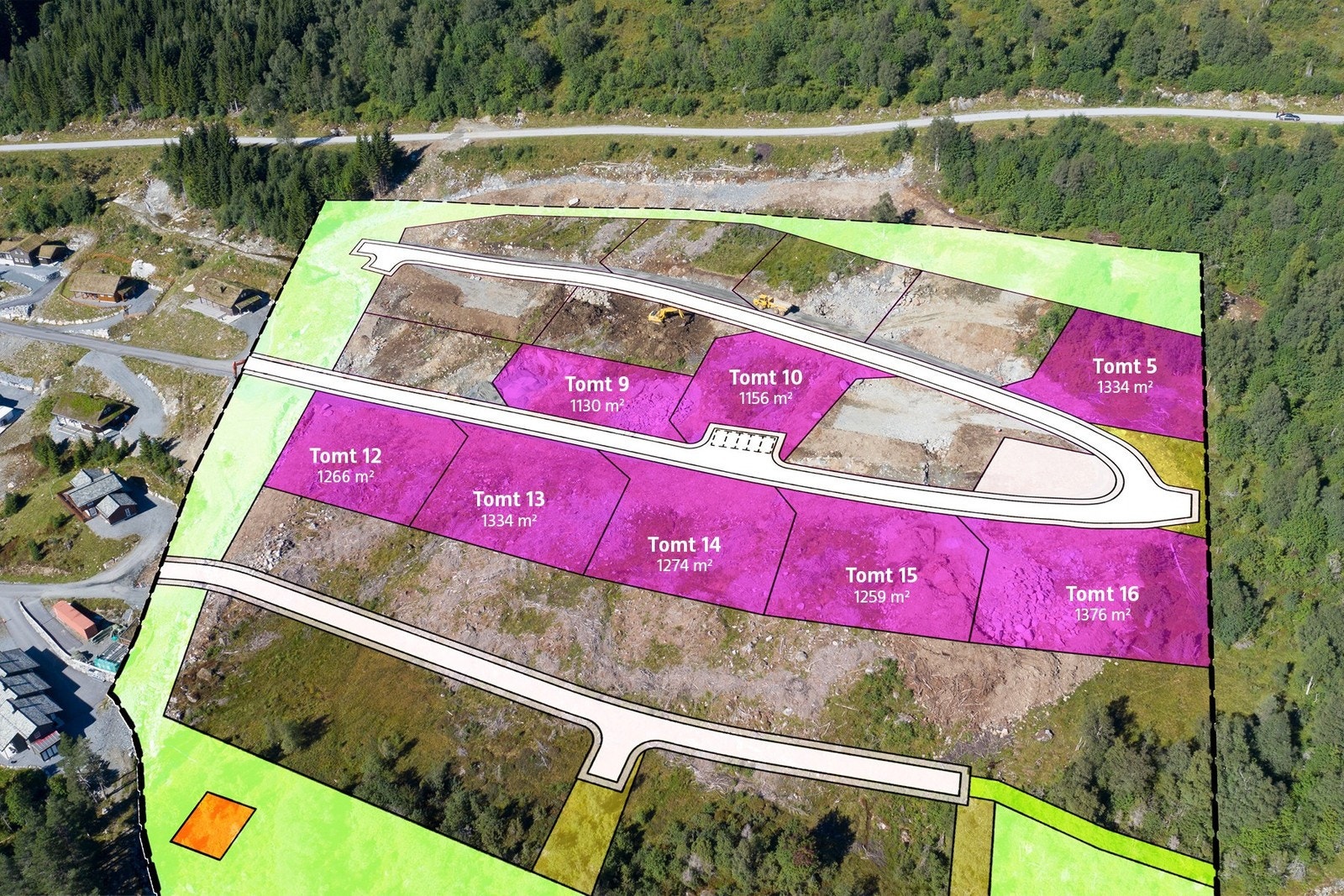 Oversikt over ledige tomter. Det er ferdigstilt fleire hytter i feltet. Galleribilde