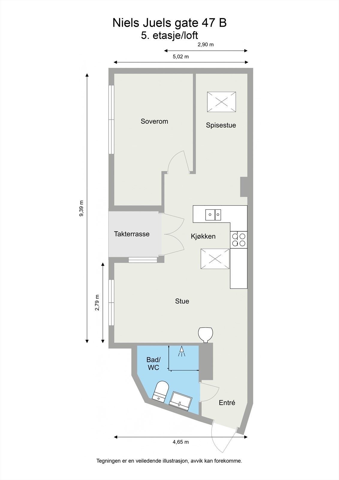 Loftsleilighet i et meget ettertraktet område på 44 m² som inneholder entrè, bad, ett soverom, kjøkken og stue i åpen løsning. Galleribilde