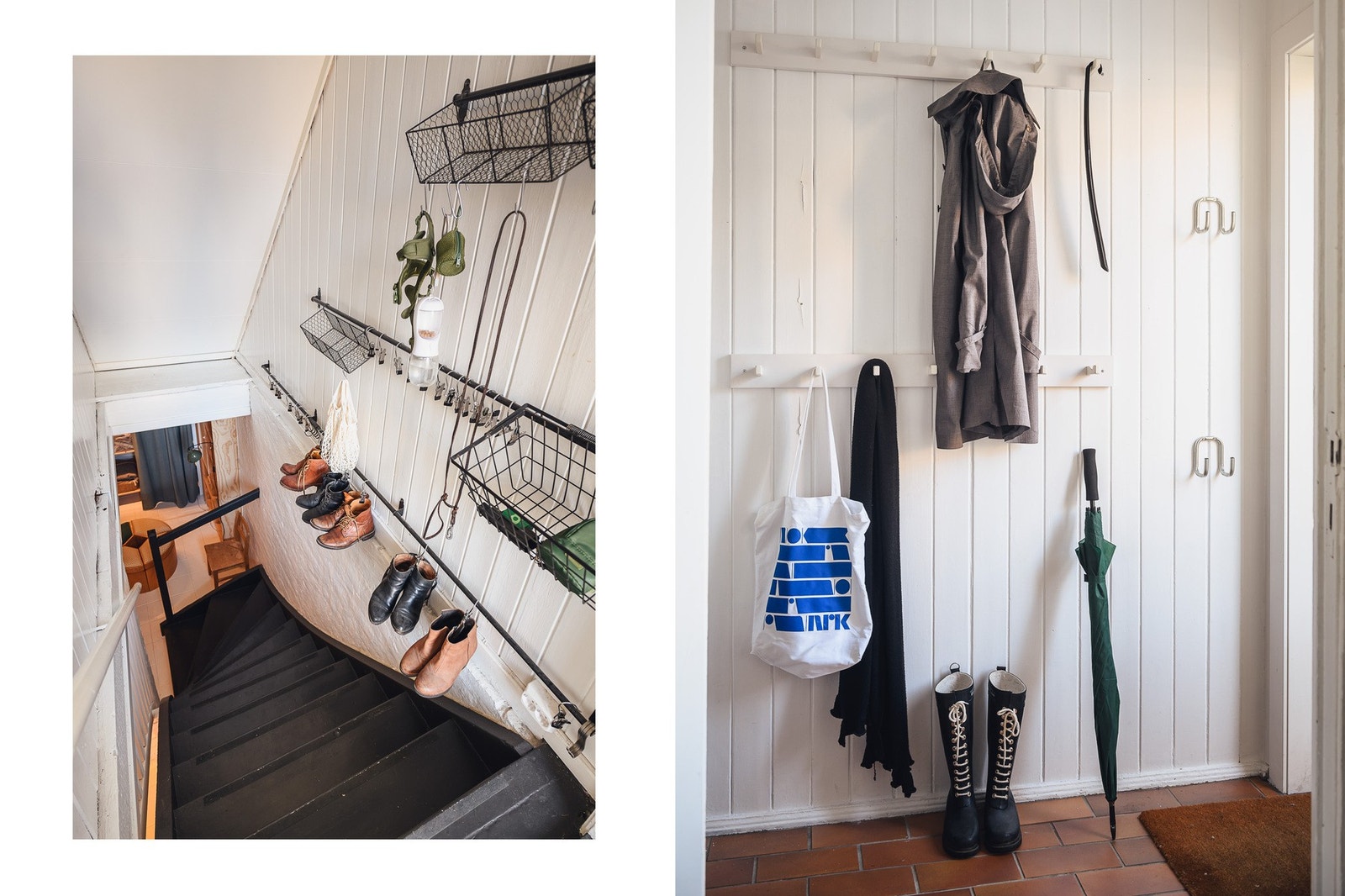 Entreen har ytterdør med smart kodelås, fliser på gulvet og god plass til å henge fra seg tøy. Galleribilde