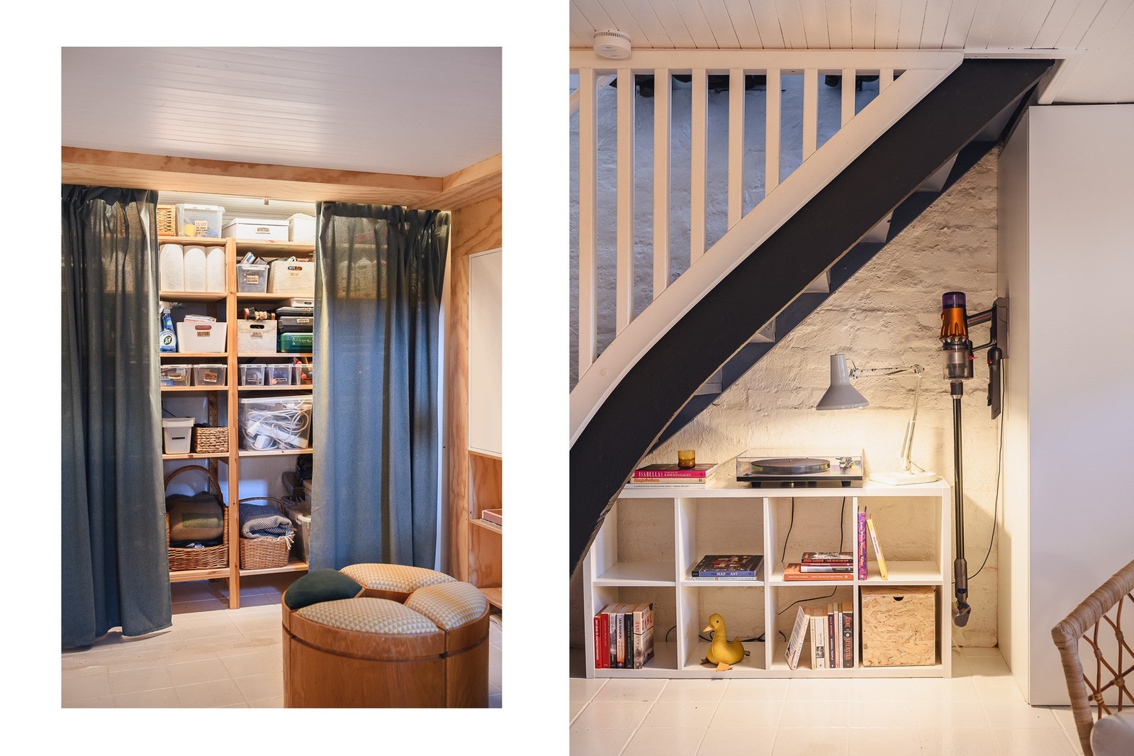 Under trappen og i innerste del av kjelleren er det praktiske hyller og lagringsplass. Galleribilde