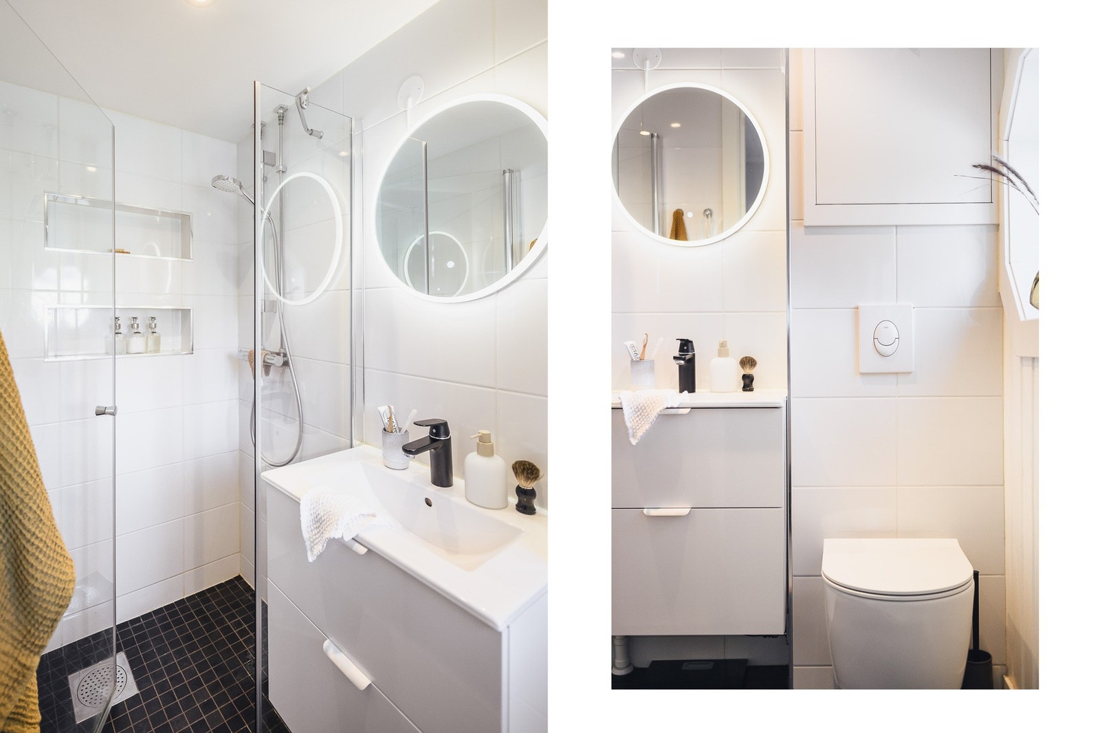 Badet har flislagte overflater, downlights, veggmontert toalett, dusjhjørne og en pen servantinnredning. Galleribilde