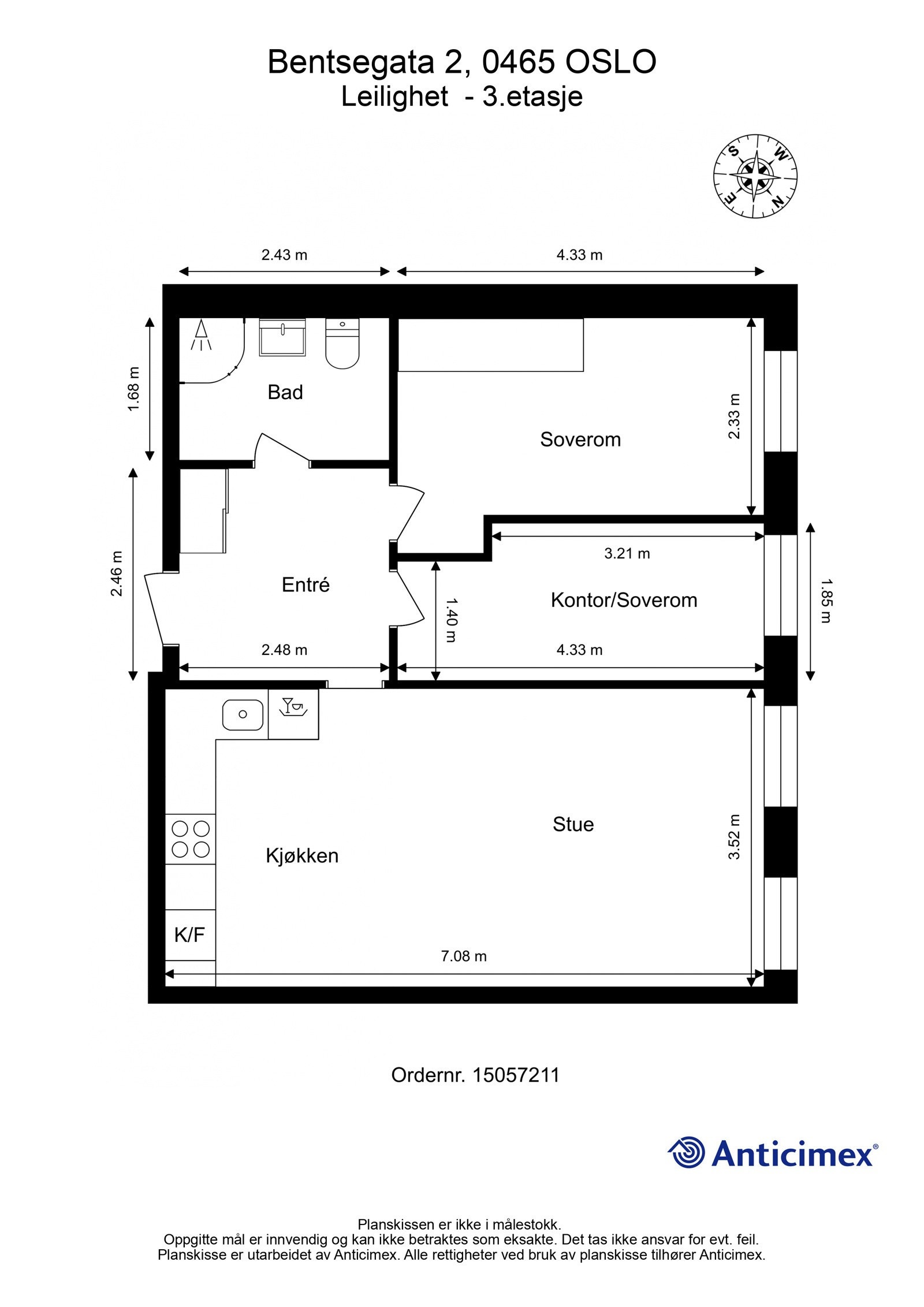 Plantegning. I tillegg disponerer leiligheten en kjellerbod på ca. 4m². Galleribilde