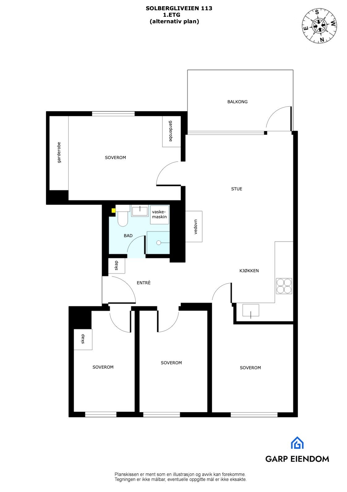 Alternativ plantegning nr. 2 med antatt mulighet for fire soverom. Megler har ikke undersøkt hvorvidt løsningen lar seg gjennomføre Galleribilde