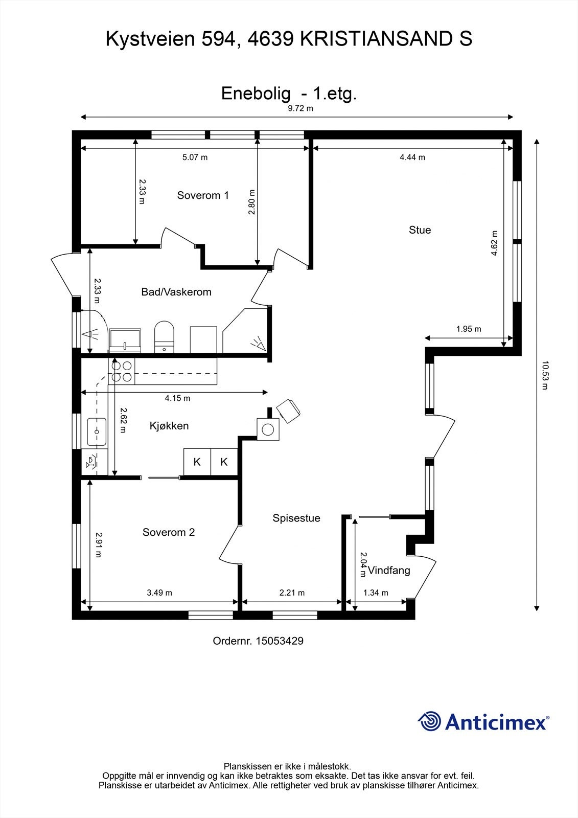 Plantegning enebolig med mål. Galleribilde