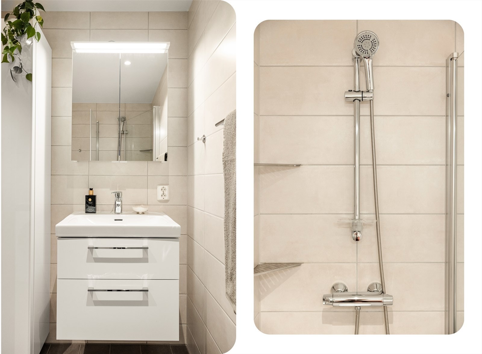Delikat bad oppgradert i 2023 i regi av borettslaget. Badet inneholder vegghengt toalett, helstøpt servant, skuffer under servant med slette fronter og dusjdører i klart glass. Galleribilde