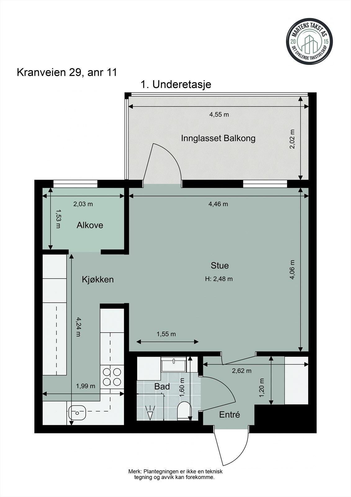 Leiligheten inneholder: Entré, kjøkken, akove, stue og bad. I tillegg disponerer leiligheten bod i kjeller. Galleribilde