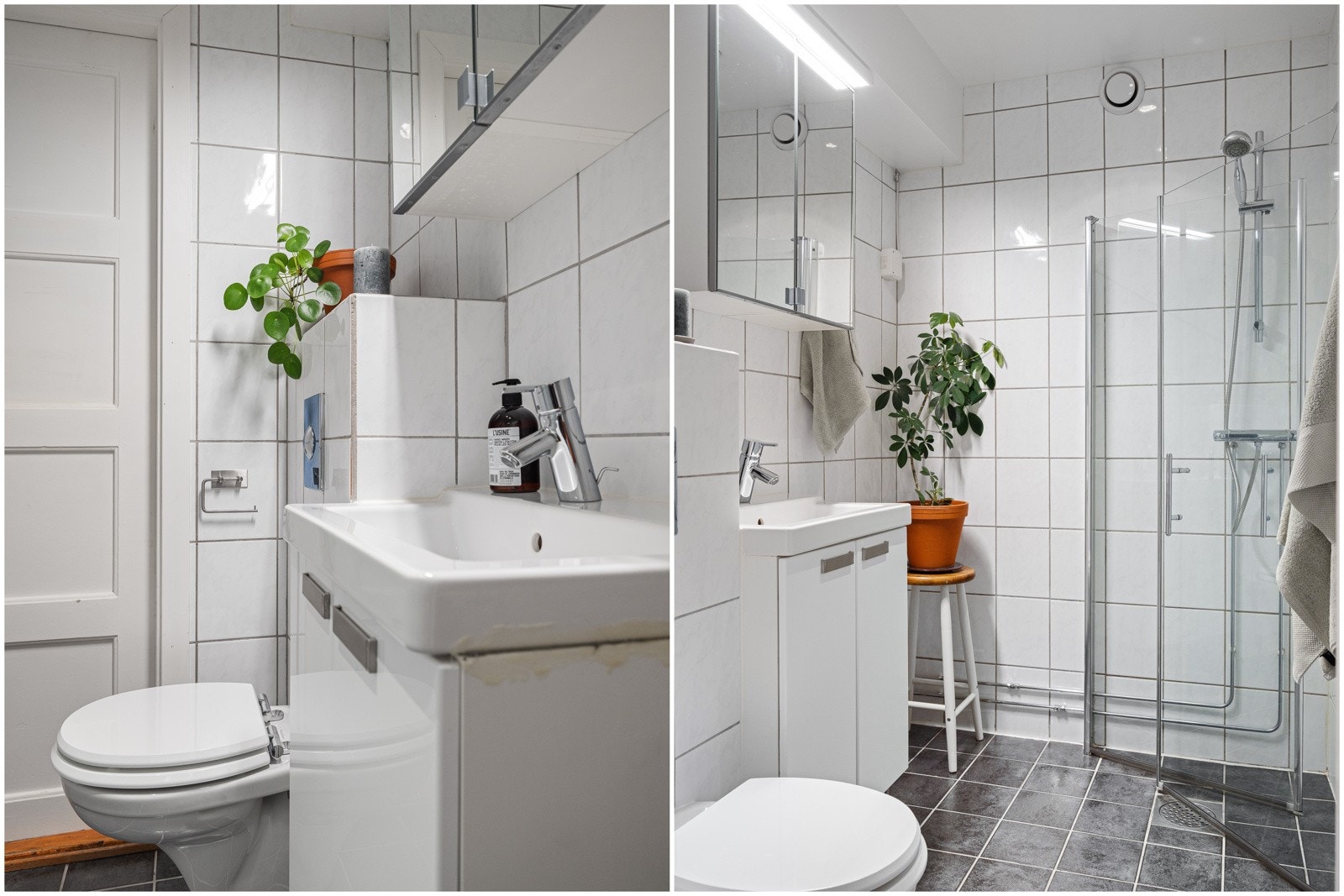 Inneholder heldekkende servant med skap, speilskap med belysning, dusjhjørne med innfellbare glassdører, vegghengt klosett og opplegg for vaskemaskin/tørketrommel. Galleribilde