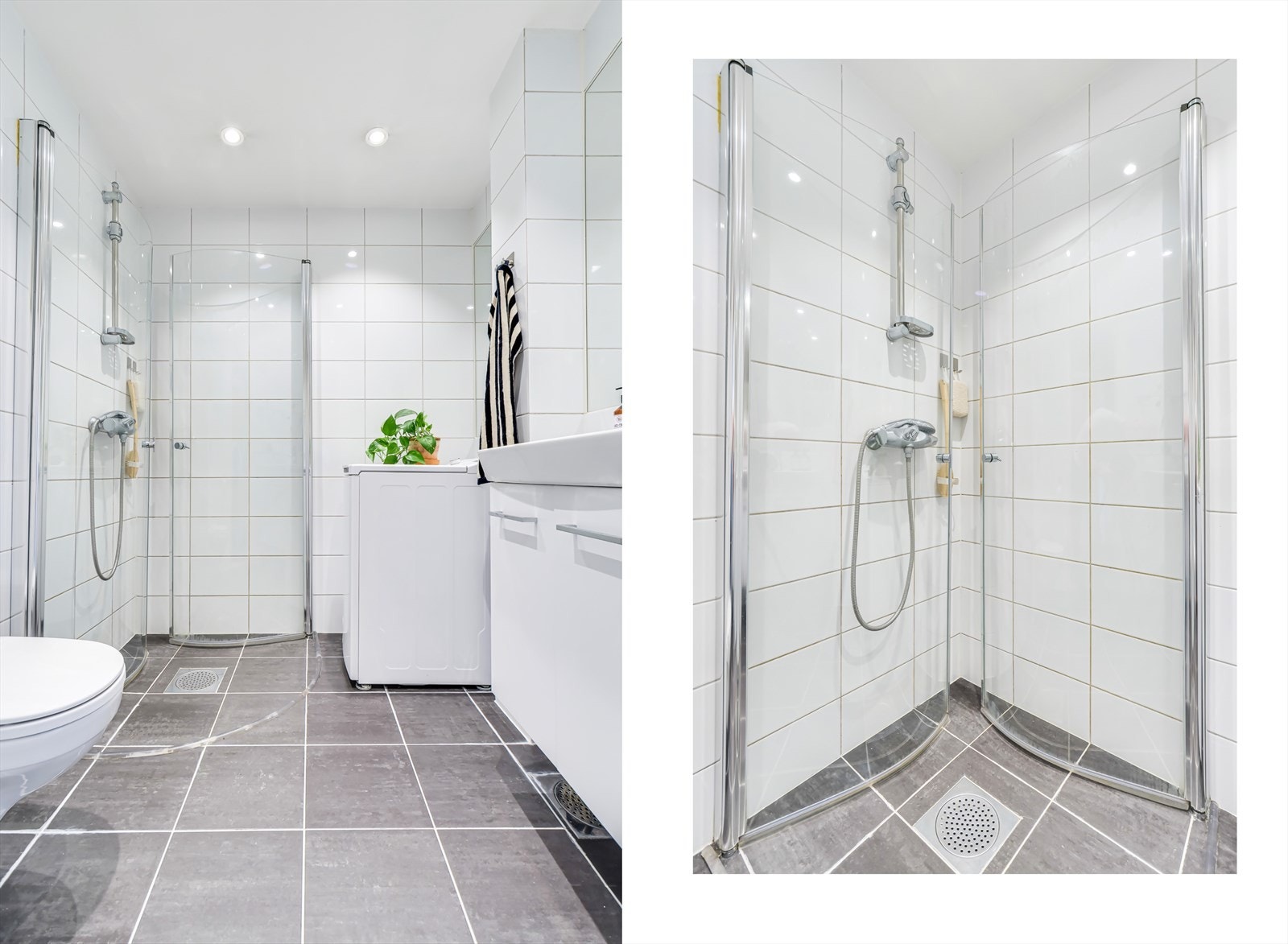 Badet er innredet med servant i skapseksjon, veggmontert toalett og dusjhjørne med innfellbare glassdører. Det er opplegg for vaskemaskin Galleribilde