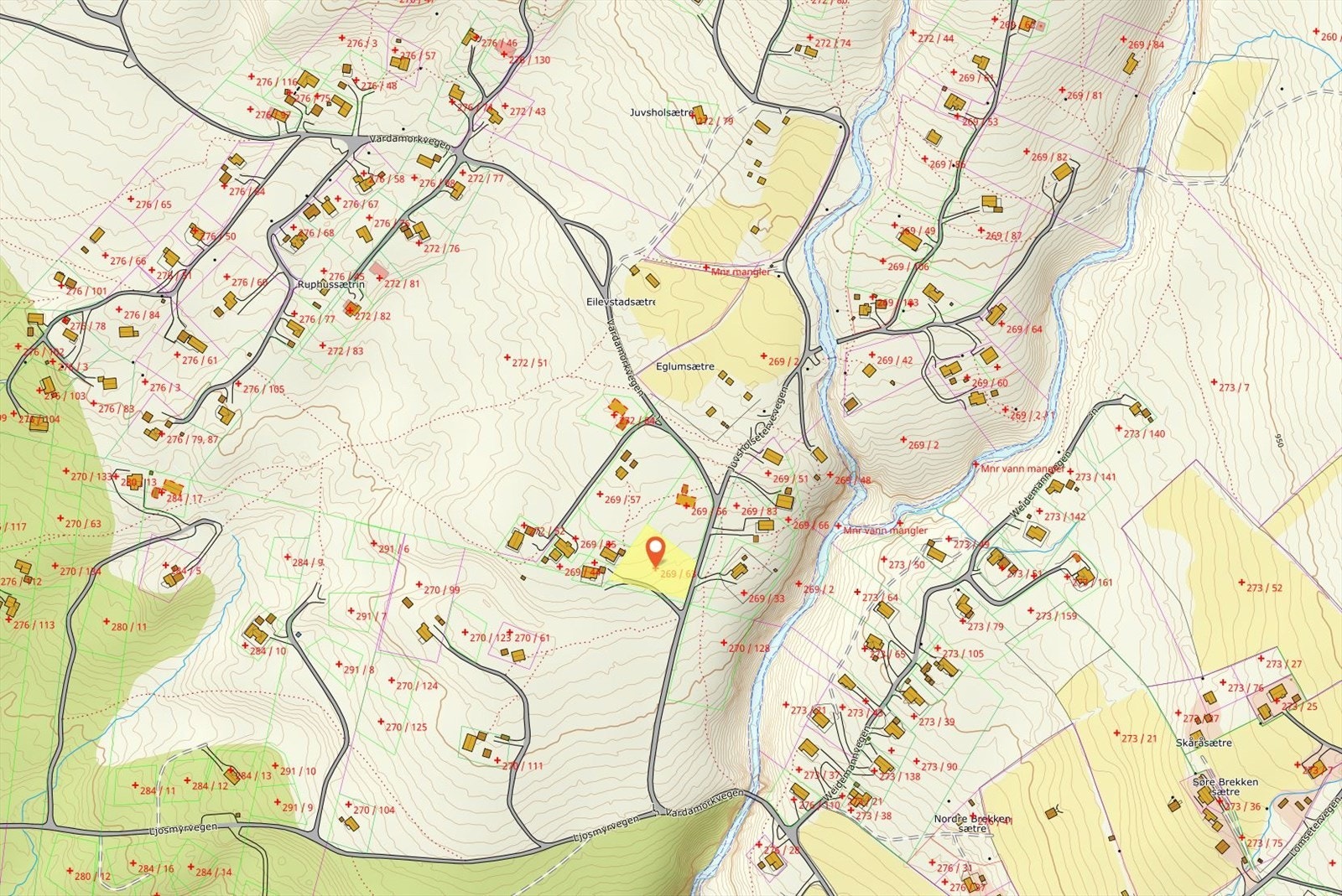 Oversiktskart, eiendommen er markert i gult Galleribilde