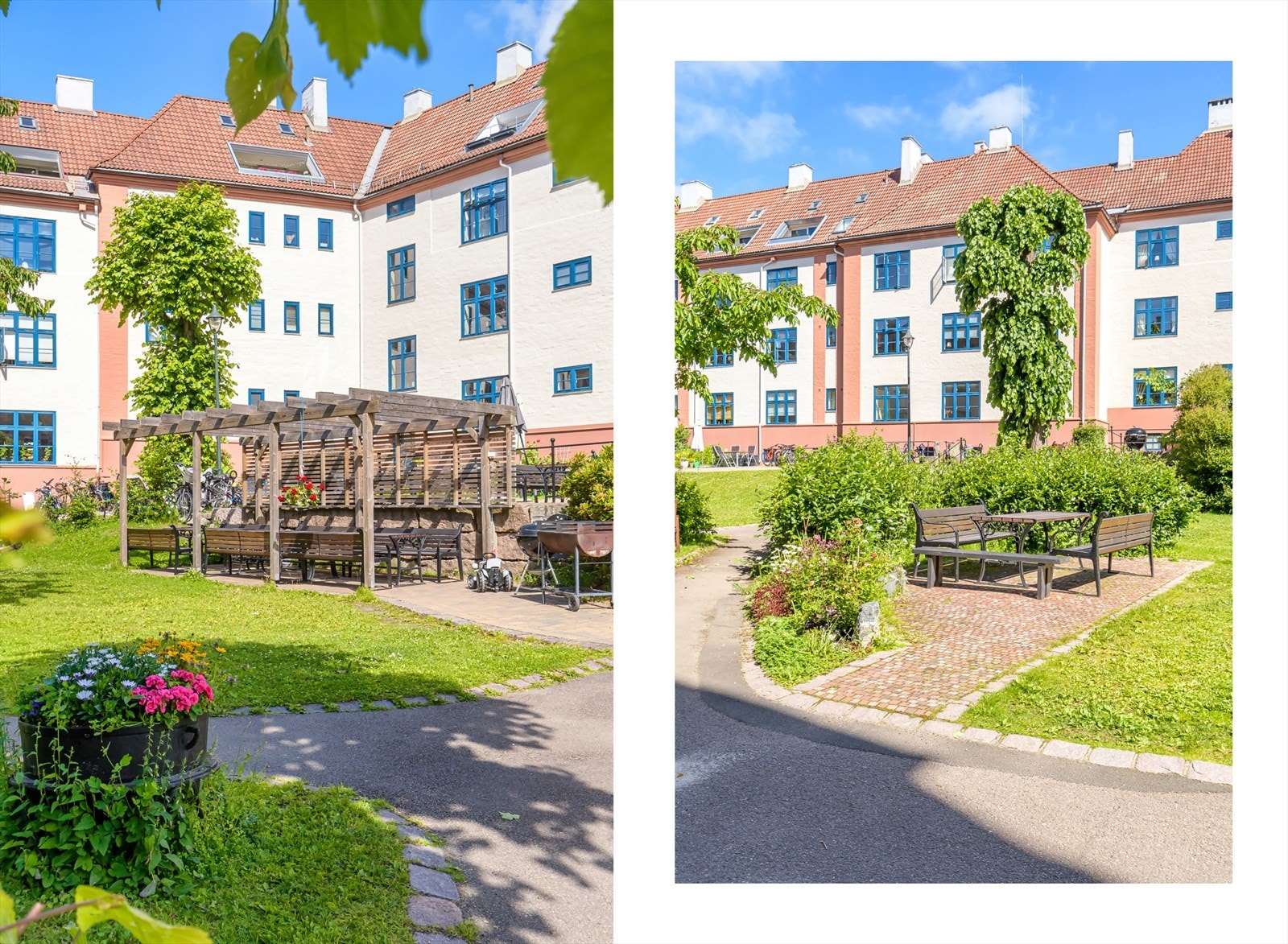 Du finner flere hyggelige sittegrupper og grillplasser i bakgården. Gode muligheter for å invitere venner og familie på sosiale sammenkomster Galleribilde
