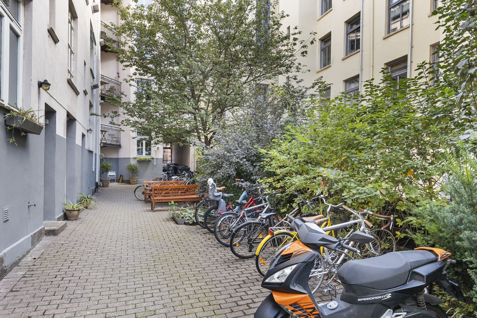 Praktisk sykkelparkering i bakgård. Galleribilde