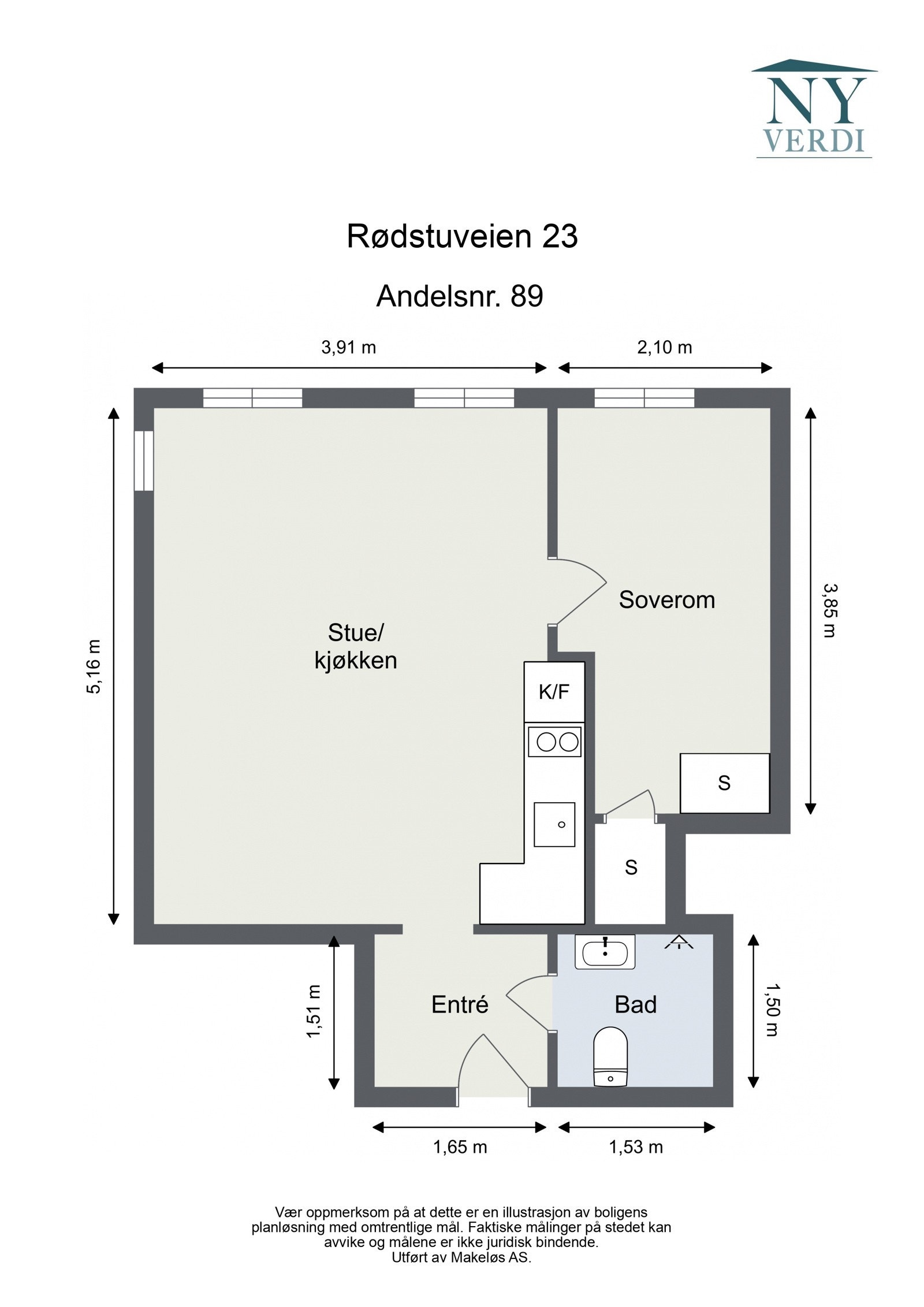 Leiligheten ligger i byggets 5. etasje og byr på en aeraleffektiv planløsning. Galleribilde