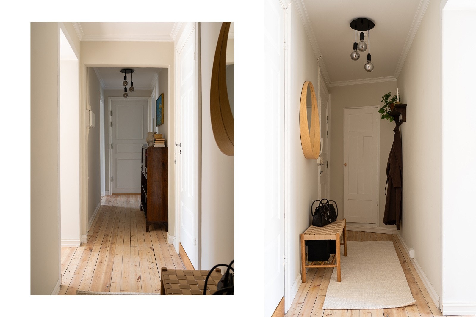 Lys og innbydende entré med oppbevaringsplass i kott ved enden av gangen. Utgang til felles branntrapp på motsatt side. Galleribilde