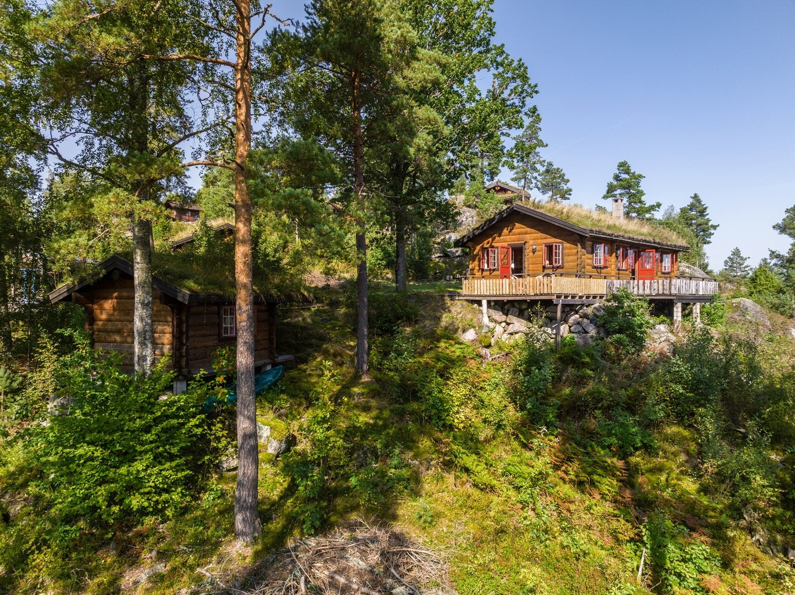 Større deler av tomten er idyllisk og spennende naturtomt, med skog, fjell og lyng. Galleribilde