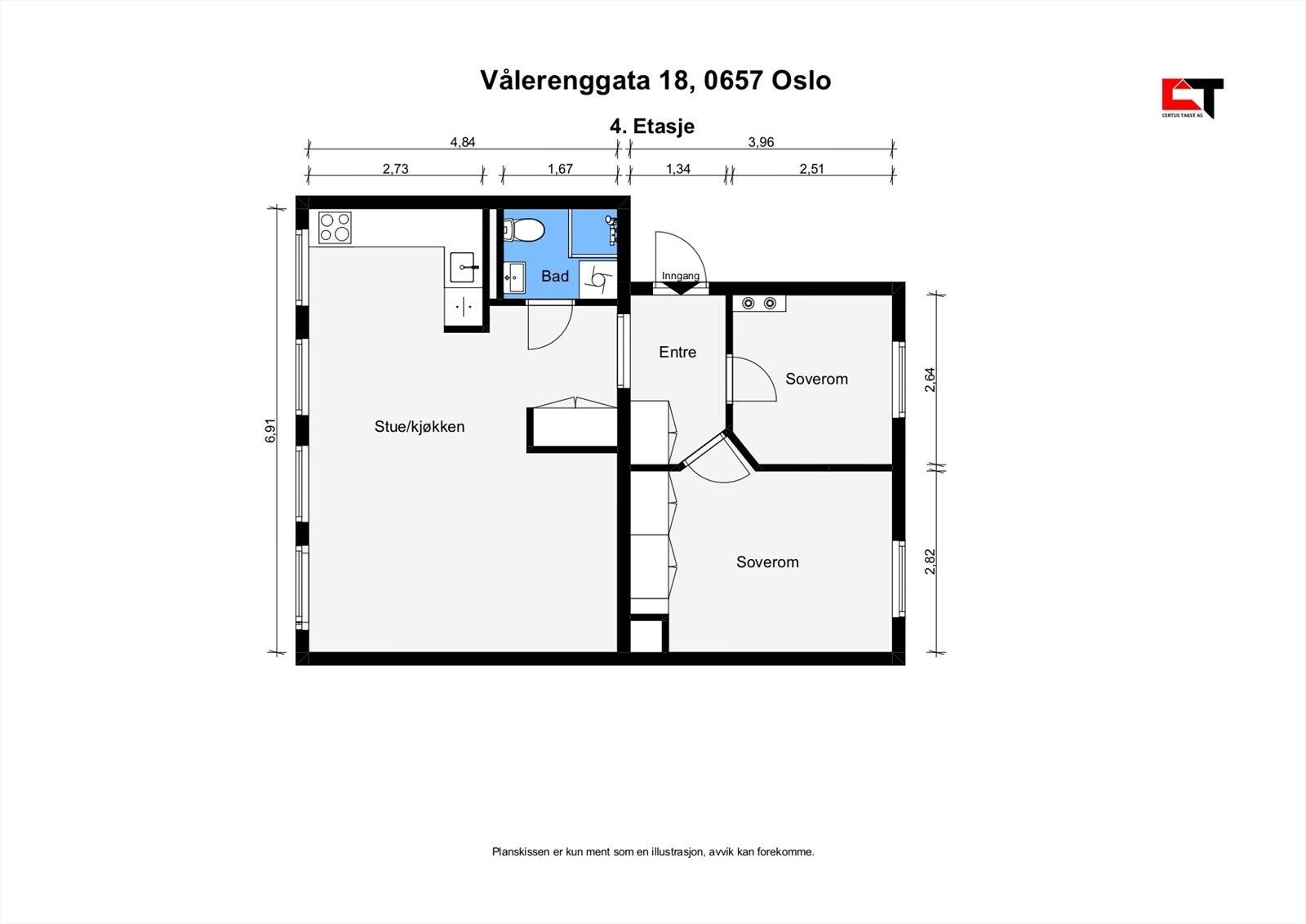 Boligen er på 57 m² og inneholder entré, stue, kjøkken, bad og to soverom Galleribilde