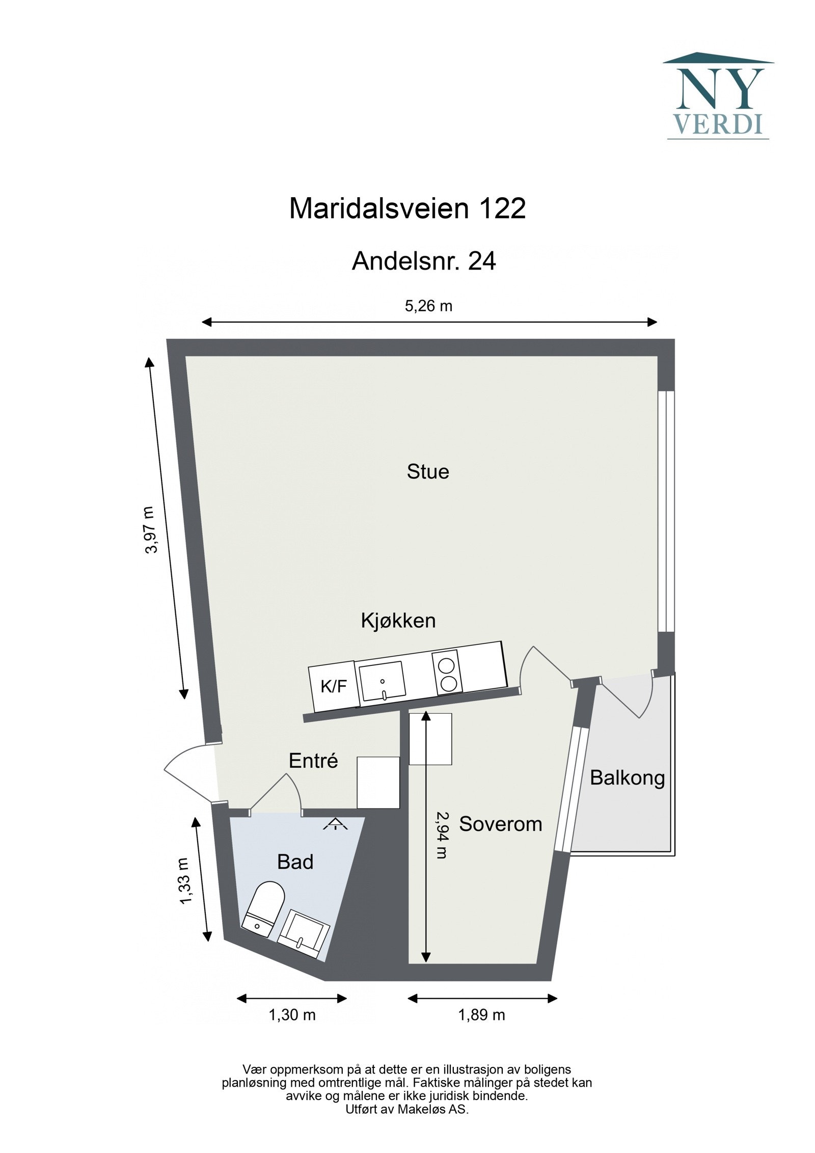 Plantegning. I tillegg disponerer leiligheten en kjellerbod på ca. 2 m². Galleribilde