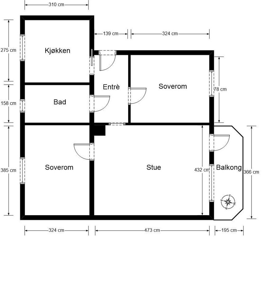 Planskisse. Utover overnevnte areal disponerer leiligheten oftsbod med gulvareal på ca. 12 m² og 2 kjellerboder på hhv. 3 og 3,6 m². Galleribilde