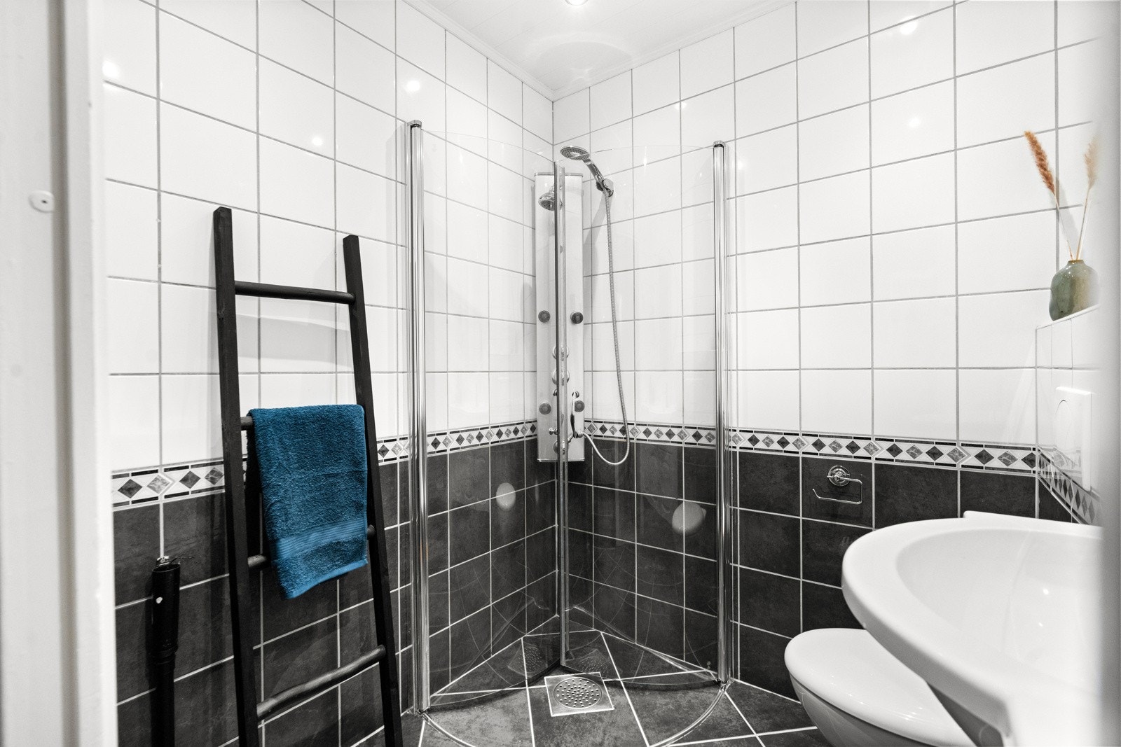Badet har opplegg for vaskemaskin, og en dusjsone direkte på gulv og vegg med innfellbare dører Galleribilde