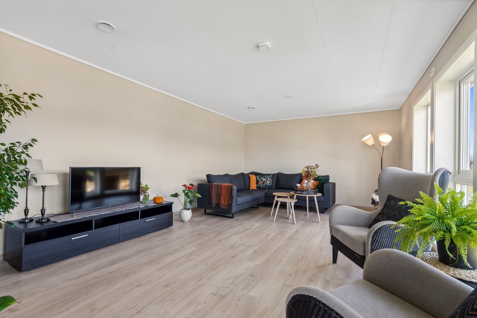 Stuen har fleksible muligheter for innredning og kan enkelt deles inn i flere soner. Galleribilde