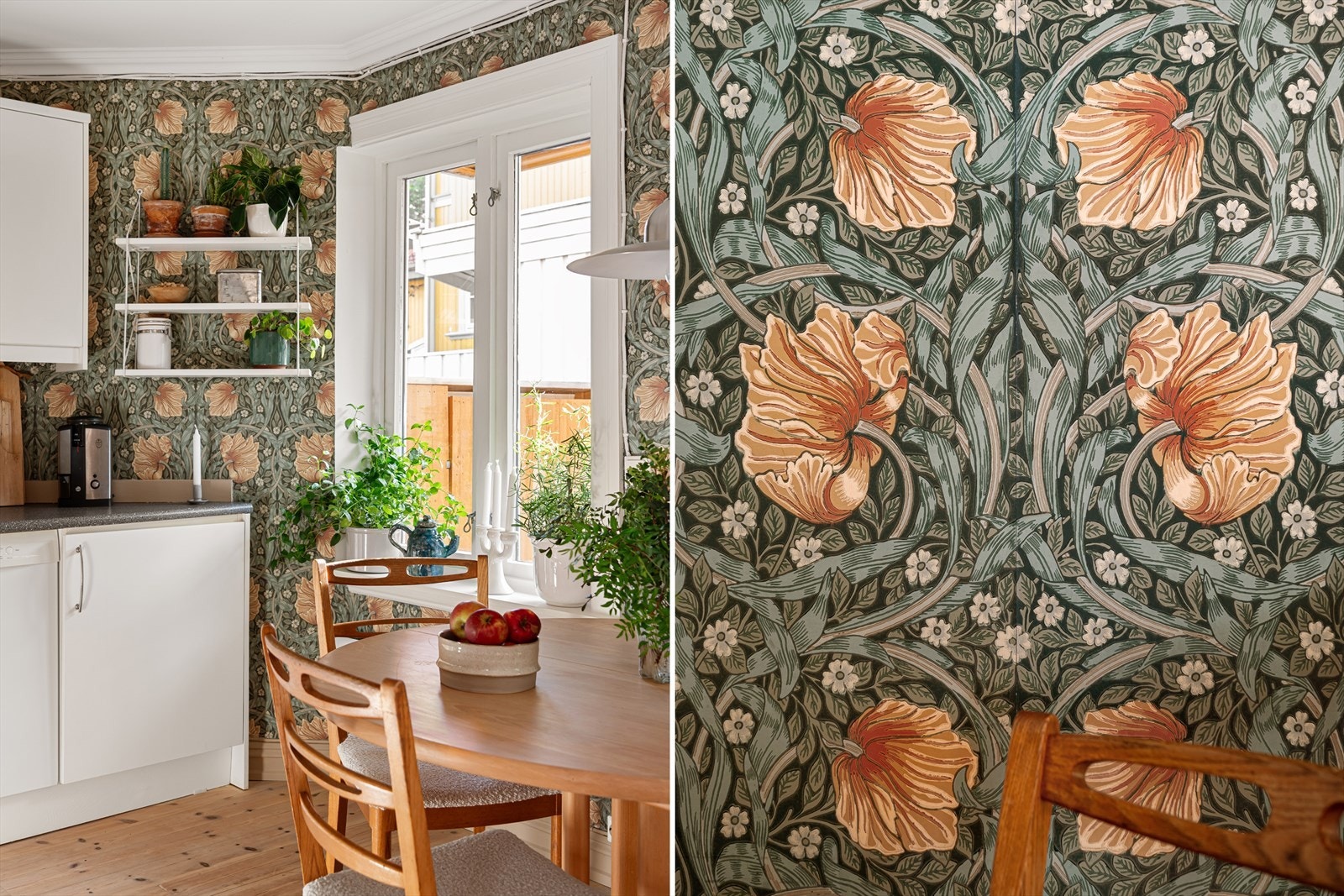 Den kule tapeten "pimpernel" fra William Morris gir kjøkkenet et tøft særpreg og rammer inn spiseplassen og de hvitmalte vinduene på en flott måte. Galleribilde