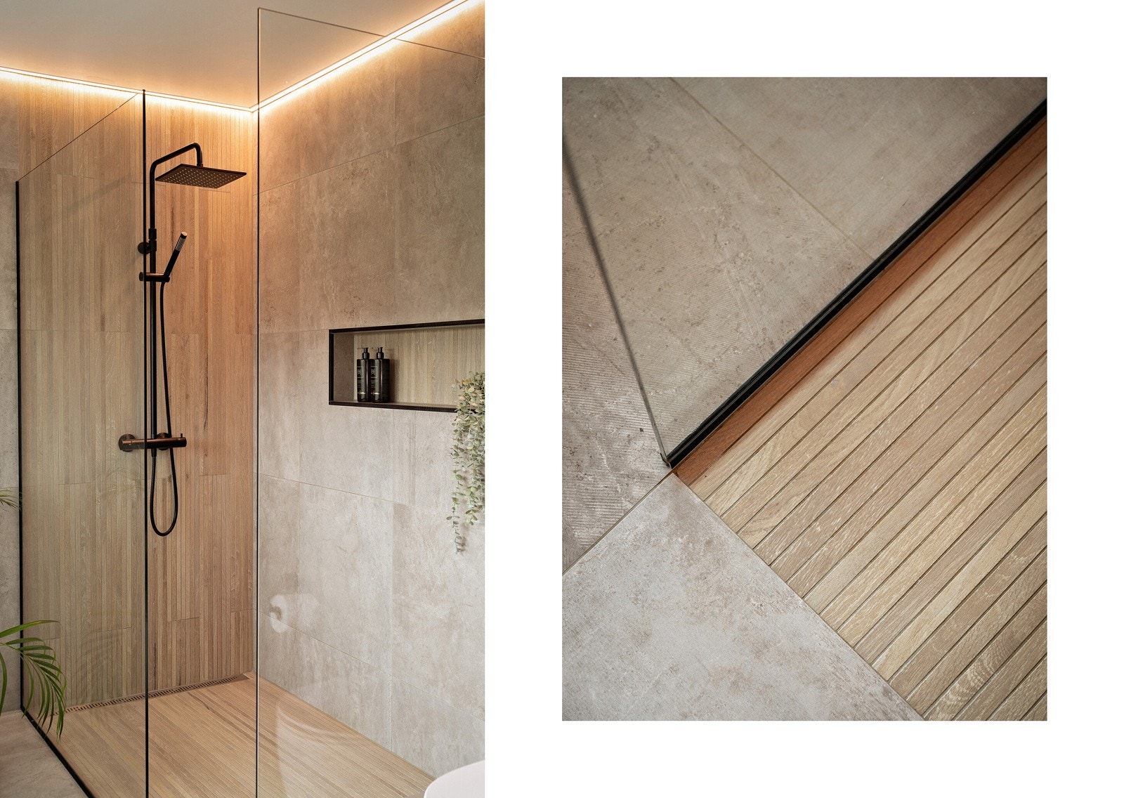 Dusjnisjen har innfelt hylle, to glassvegger og flott armatur i sort utførelse med regnfallsdusj og håndholdt dusj. Galleribilde