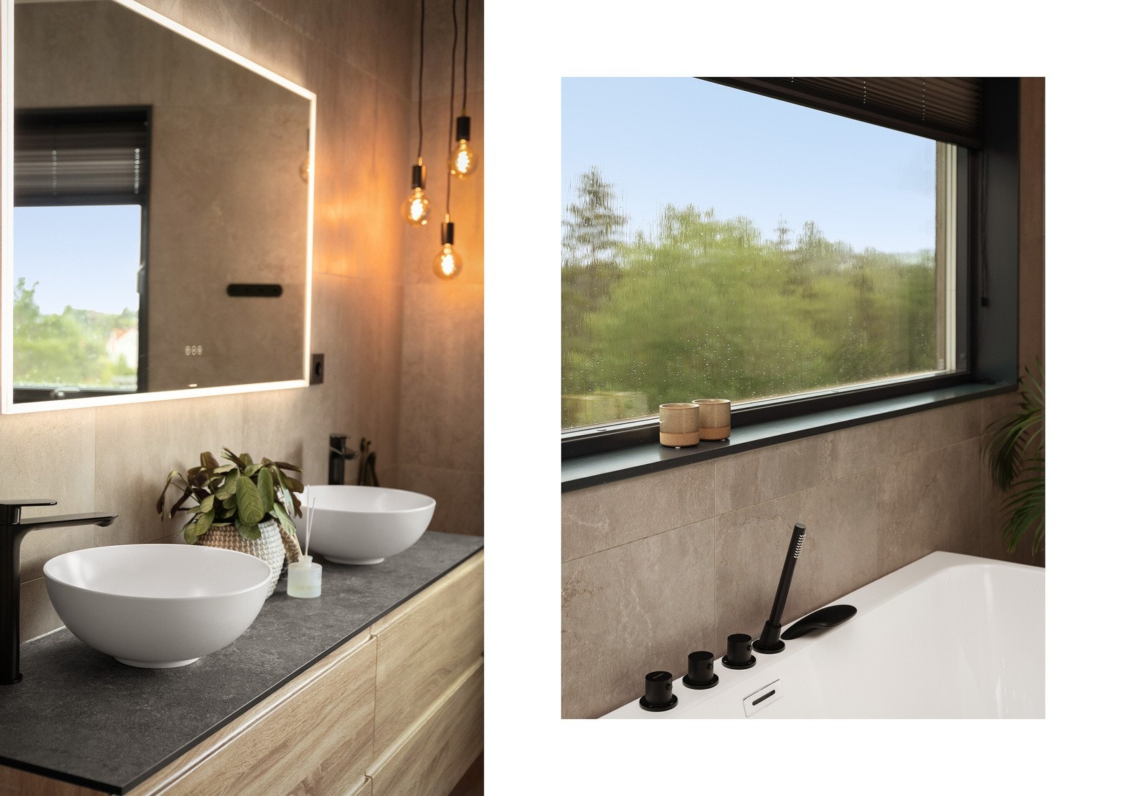 Over dobbelservanten er det montert et stort speil med integrert touch-belysning. Galleribilde