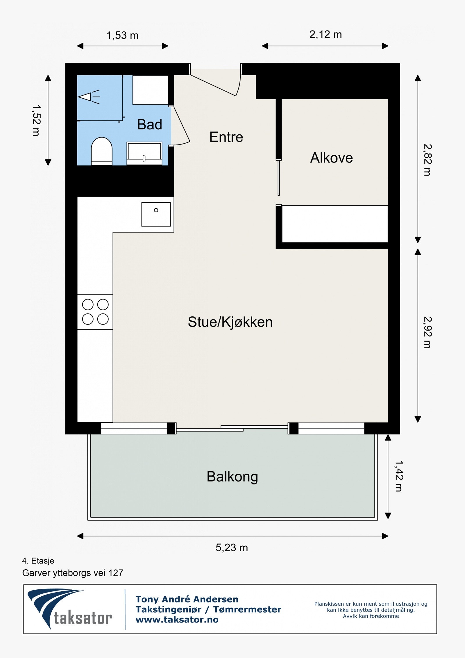 Målsatt plantegning av leiligheten. Galleribilde