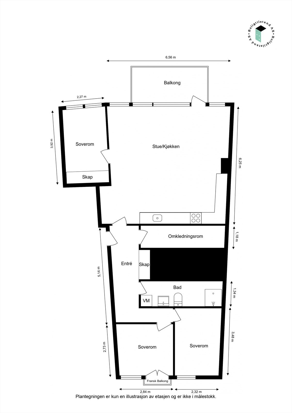Praktisk planløsning med tre soverom og romslig stue/kjøkken. Galleribilde