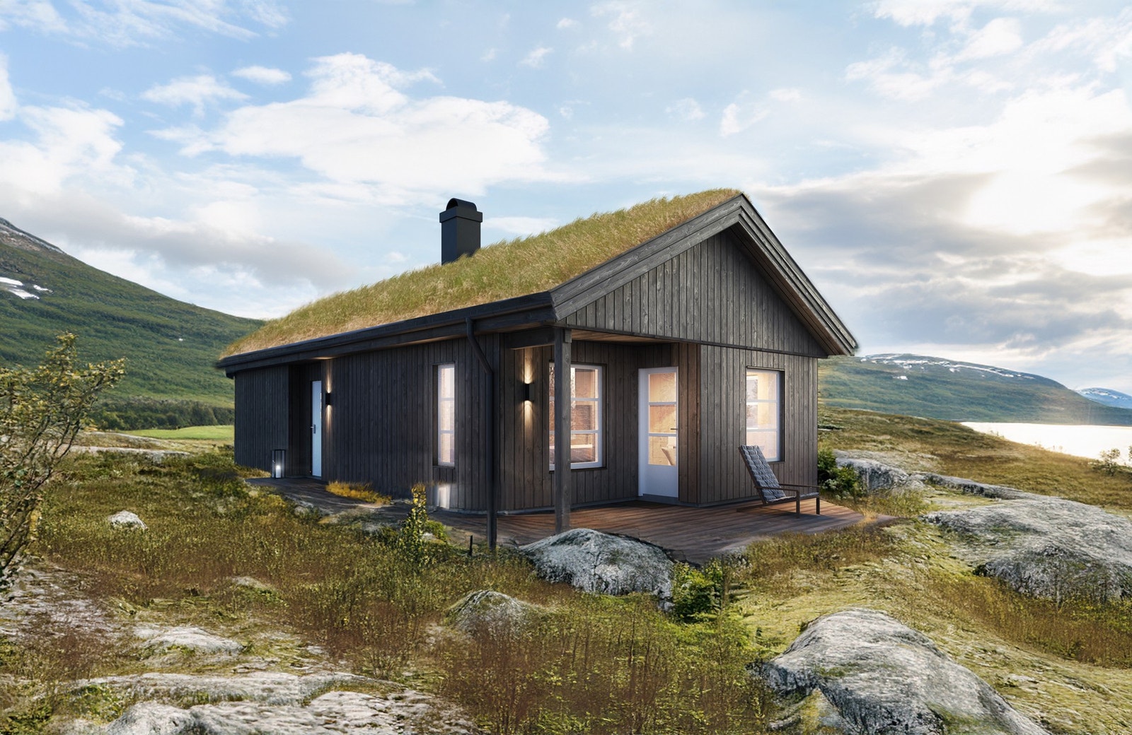 Illustrasjon hyttemodell Mjuken 65 er priset i annonsen. Andre hyttemodeller fra Faun kan også bygges på tomten. Galleribilde