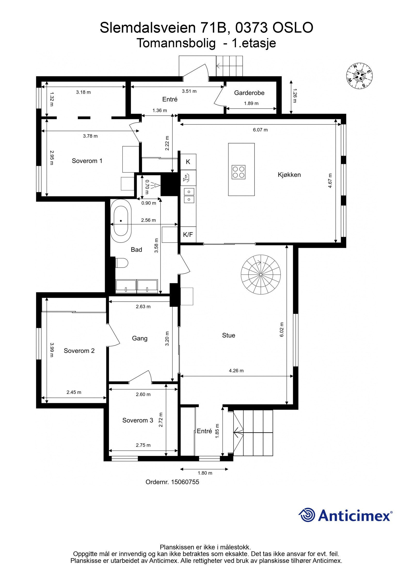 Plantegning 1.etasje. - BRA-i 127 m²: (Entré, garderobe, kjøkken, stue, bad, gang og tre soverom) Galleribilde
