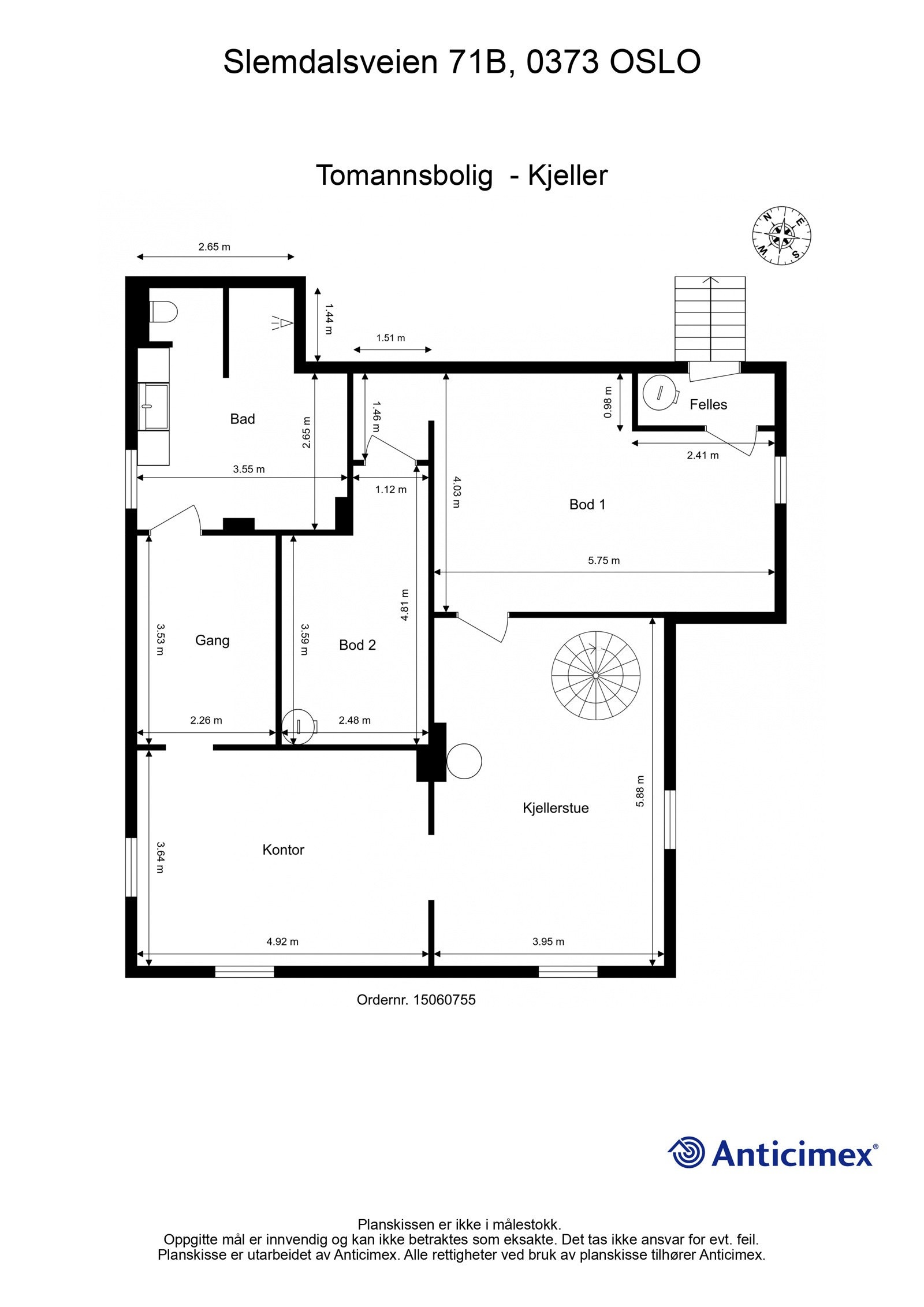 Plantegning underetasje - BRA-i 106 m²: (Kjellerstue, kontor, gang, bad og to boder) Galleribilde