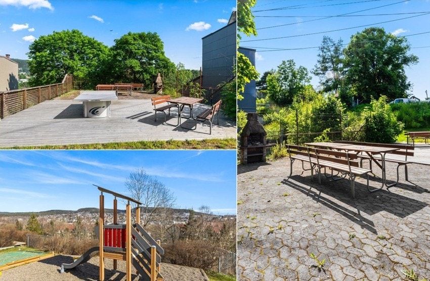 Flotte fellesarealer til beboerne med sittegrupper og steinovn, ping-pong bord og lekeplass for de yngste. Galleribilde